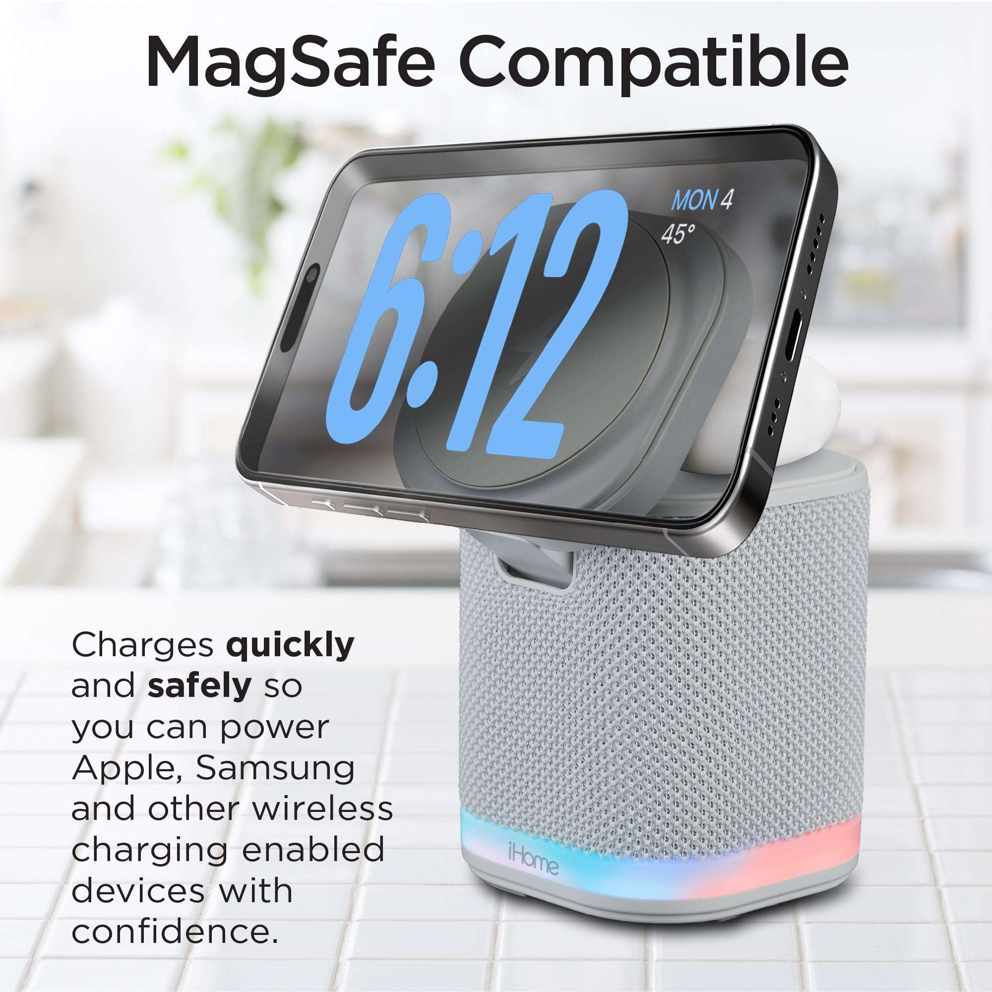 iHome Bluetooth Speaker with Wireless Charger, Charging Station with Color Changing Night Light - Gray (iPBT50G) 4