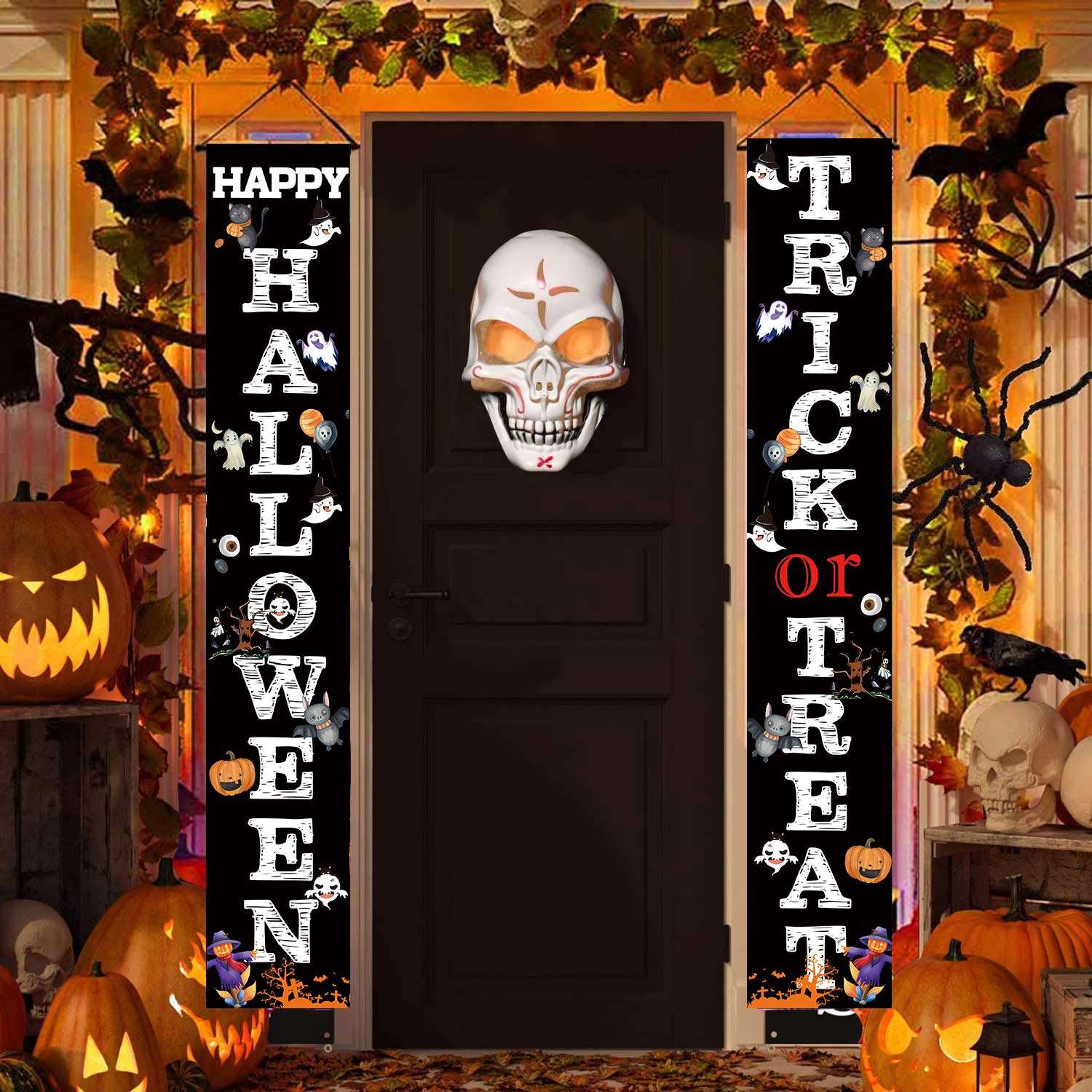 HAPPY HALLOWEEN TRICK OR TREAT Hanging Banner Porch Sign Pumpkin Ghouls Bat Cat Pattern Backdrop Flag For Indoor Outdoor Wall Door Decoration Happy Halloween Party Decorations 72"x12" 1