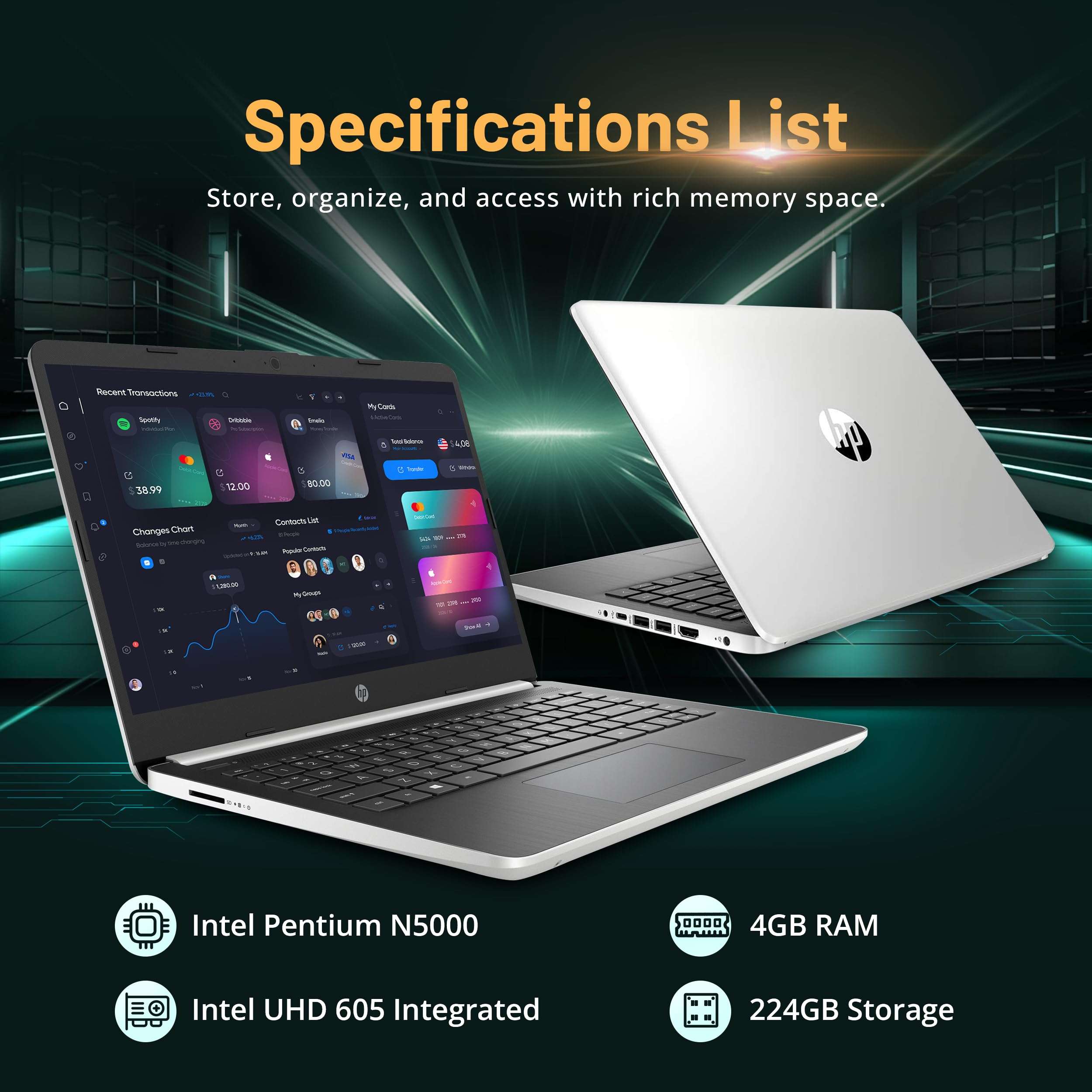 HP 14'' FHD Laptop, Intel Pentium Silver N5000, 4GB DDR4 RAM, 224GB Storage(64GB eMMC + 160GB Docking Station Set), Intel UHD Graphics 605, 720p Webcam, Wi-Fi 5, Windows 10 S, Silver 3