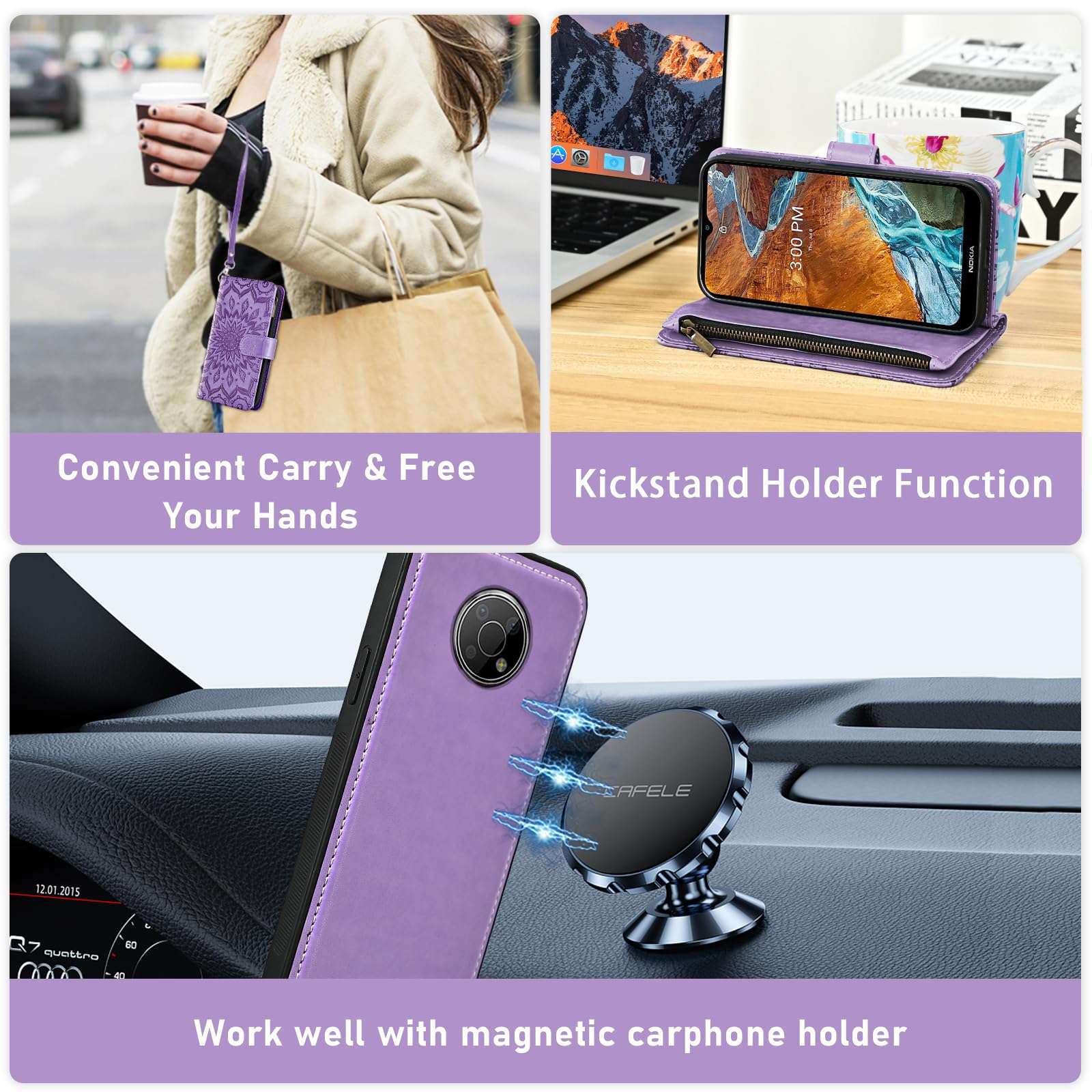 Asuwish Phone Case for Nokia G300 5G N1374DL Zipper Wallet Magnetic Detachable Cell Cover with Screen Protector Crossbody Lanyard Strap Flip Card Holder Slot NokiaG300 G 300 300G 2021 Women Purple 5