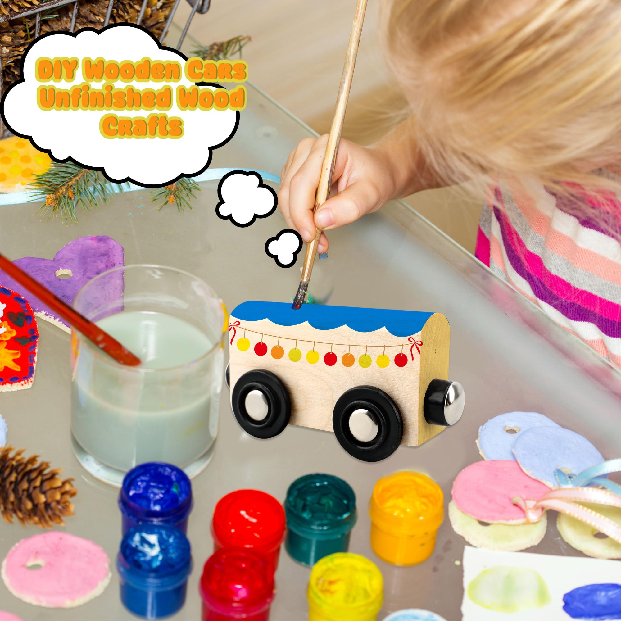 Hoarost 18 Pack Unfinished Wooden Cars Unpainted Magnetic Wood DIY Crafts Trains Car for DIY Craft Activities Birthday Gift (Color Set 1) 4