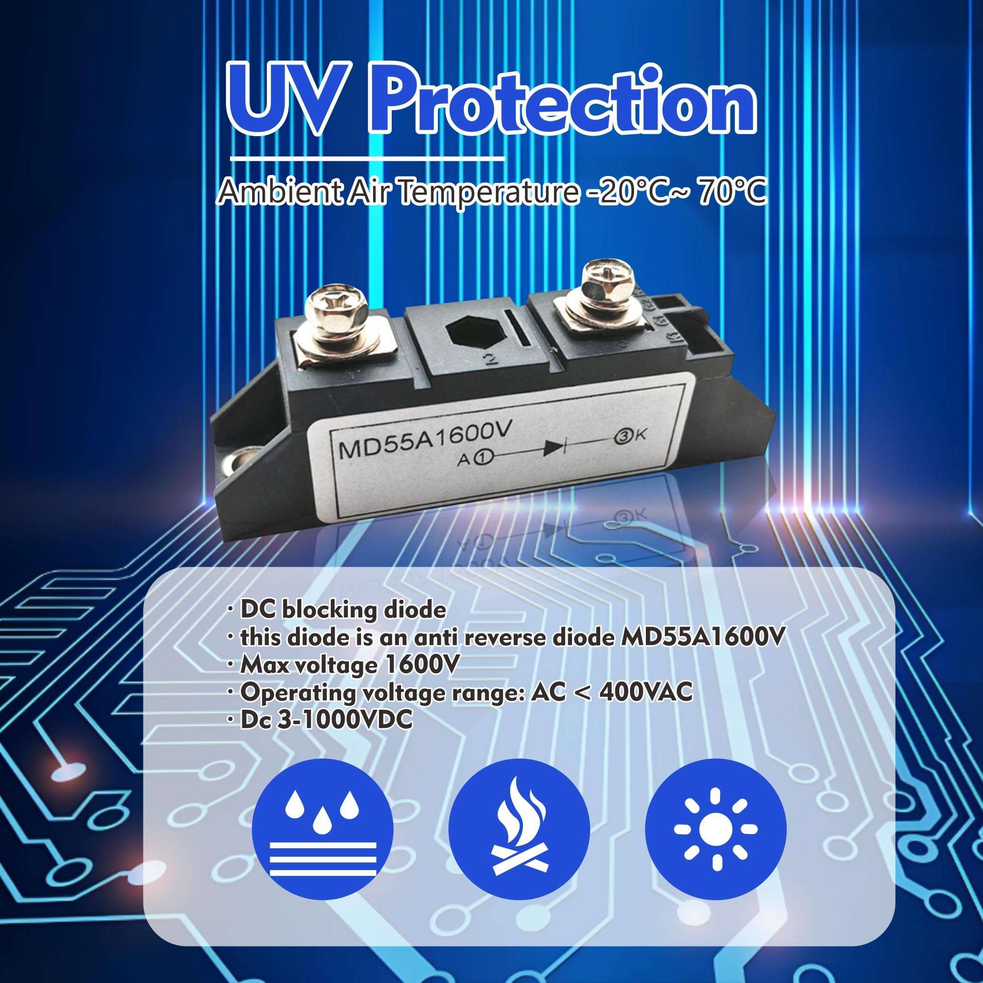 haizusai MD55A1600V Anti-Reverse Diode Module 1600V 50Amp for Solar Systems, Motorcycle, Golf Cart, 12V/24V/48V DC Blocking, Fast Recovery Rectifier Diode (1-Pack) 6