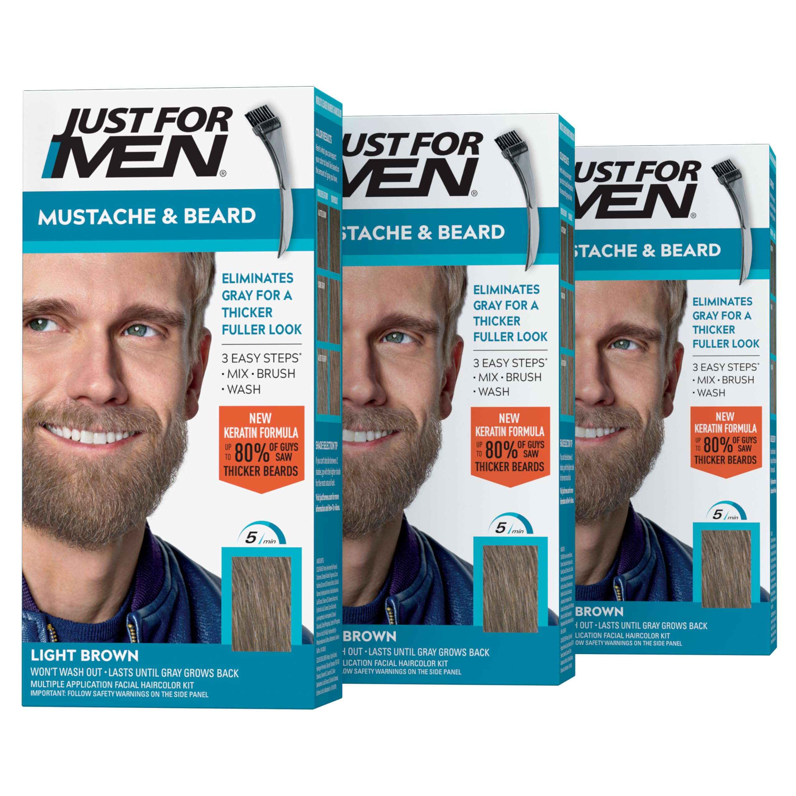 Just For Men Mustache & Beard, Beard Dye for Men with Brush Included, With Keratin Biotin Aloe and Coconut Oil for Healthy Facial Hair - Light Brown, M-25, Pack of 3 (Packaging May Vary) 1
