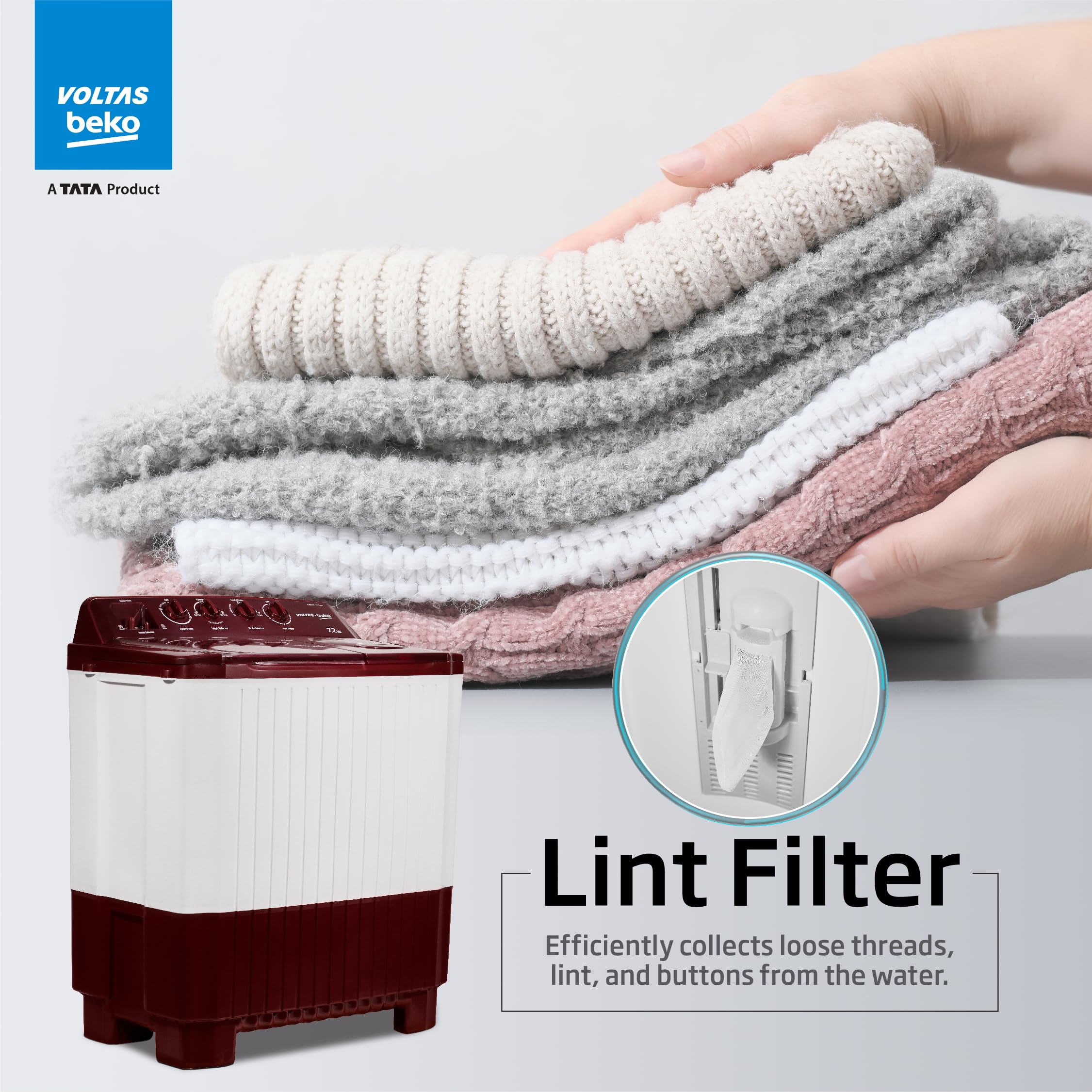 Voltas beko, A Tata Product 7.2 Kg Semi-Automatic Top Load Washing Machine, (WTT72, Burgundy, 2023 Model, Fast Dry) 3