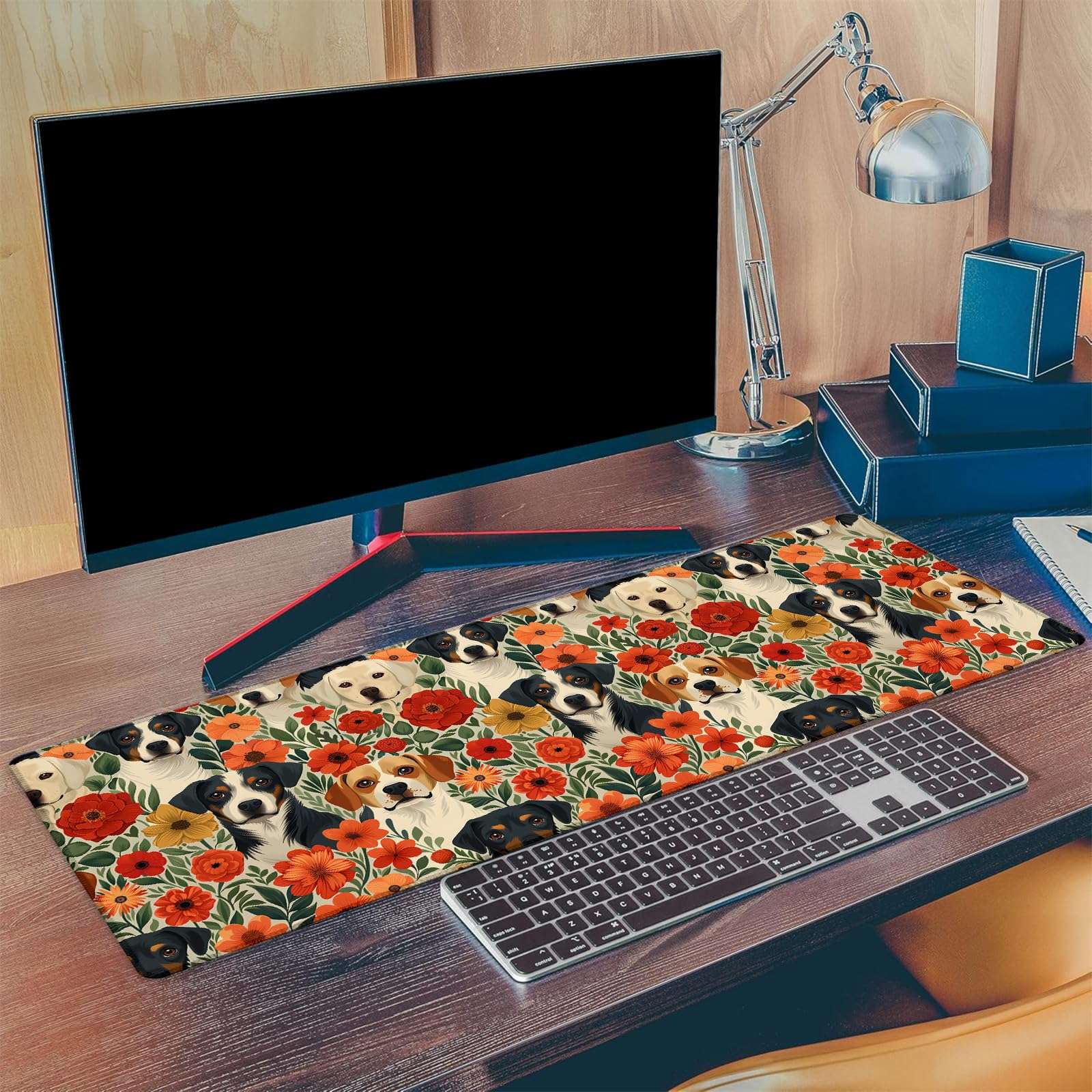 Ti Caldi Cute Dog with Floral Gaming Mouse Pad, Extended Lovely Puppy Face Desk Mat Computer Laptop Mousepad, Robust Stitched Edges, 31.5"×11.8" Large Office Keyboard Mouse Pads for Home Desktop Decor 3