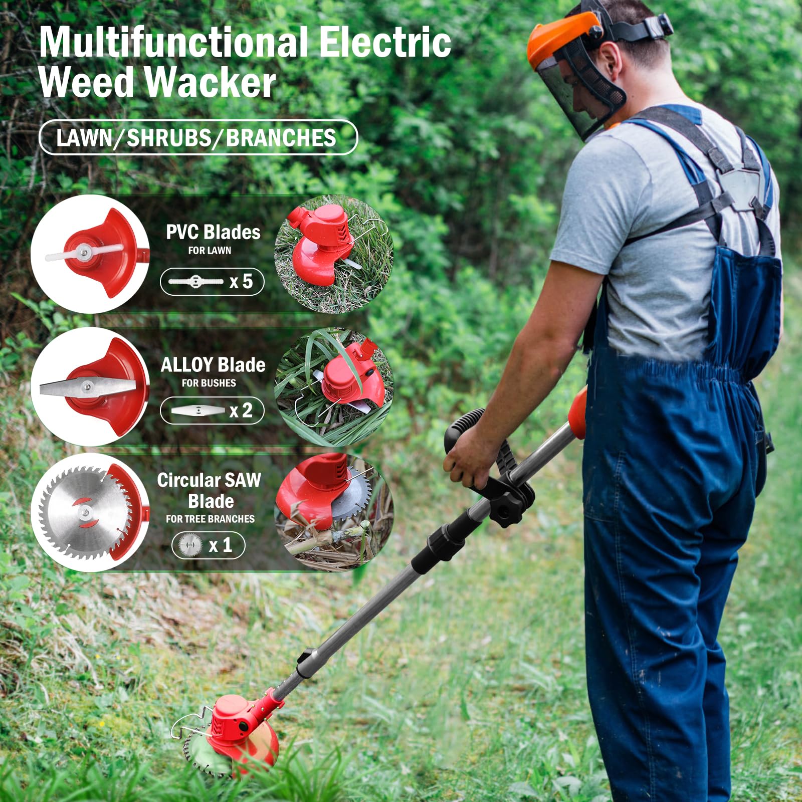 Electric Lawn Trimmer Cordless 2PCS 24v 2.0Ah Battery Weed Wacker with Blades,with 4000mah Li-Ion Battery Powered and 3 Types Weed Wacker Blade 3
