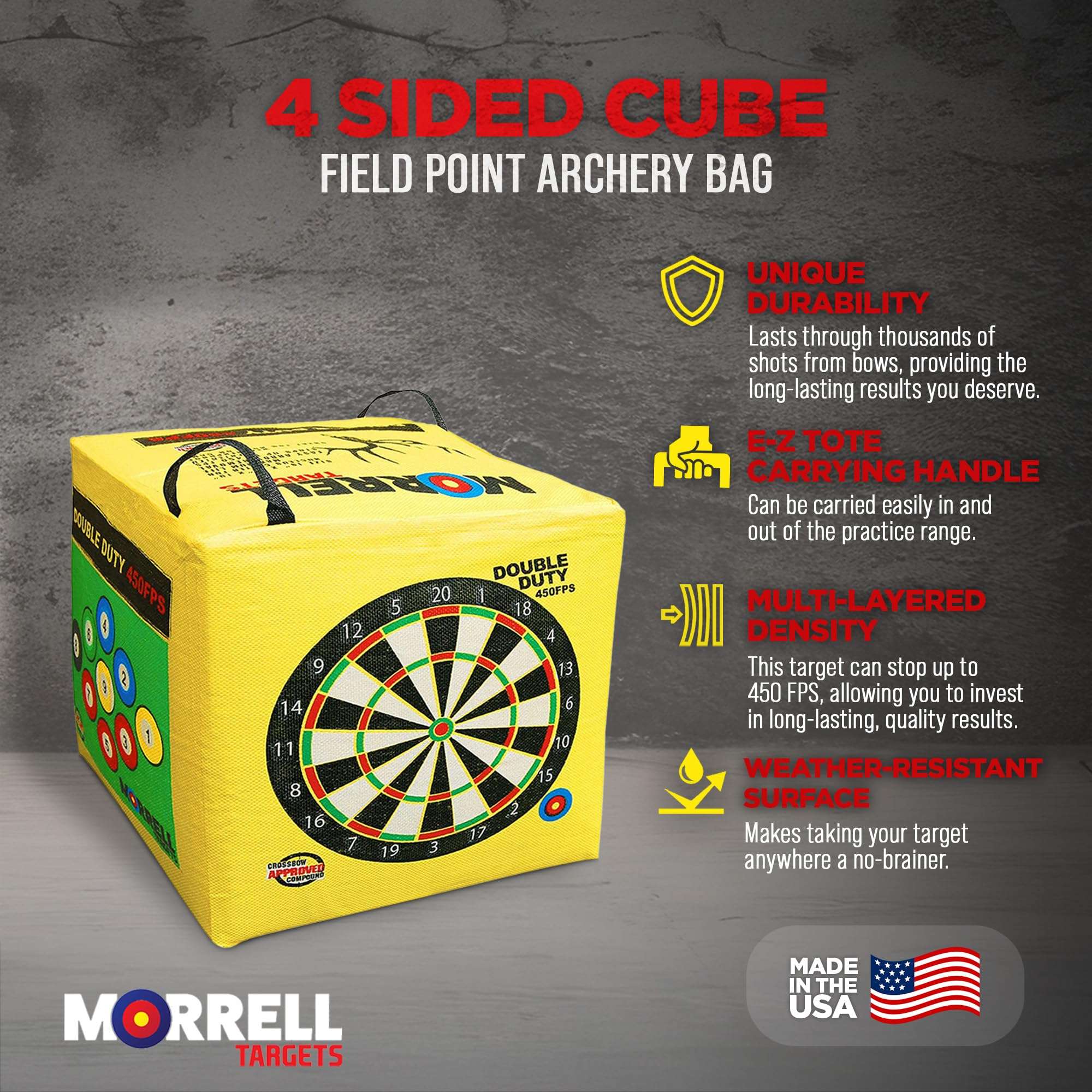 Morrell Double Duty 450 FPS Cube Field Point Archery Bag Target with Traditional Bullseyes, Nine-Ball, Dartboard Game, and Deer Vitals, 4 Pack, Yellow 5