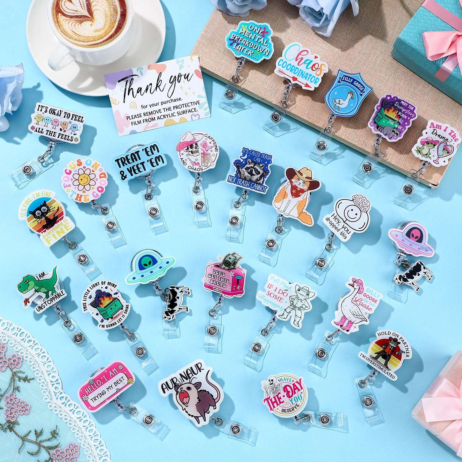 Suncalla 48 Pcs Funny Positive Badge Reels Bulk Cute Retractable ID Holder Clip Name Tag Badge Reels Funny Nursing Gifts for Medical Staff Nurses Doctors Employees Fun Message Accessories 5