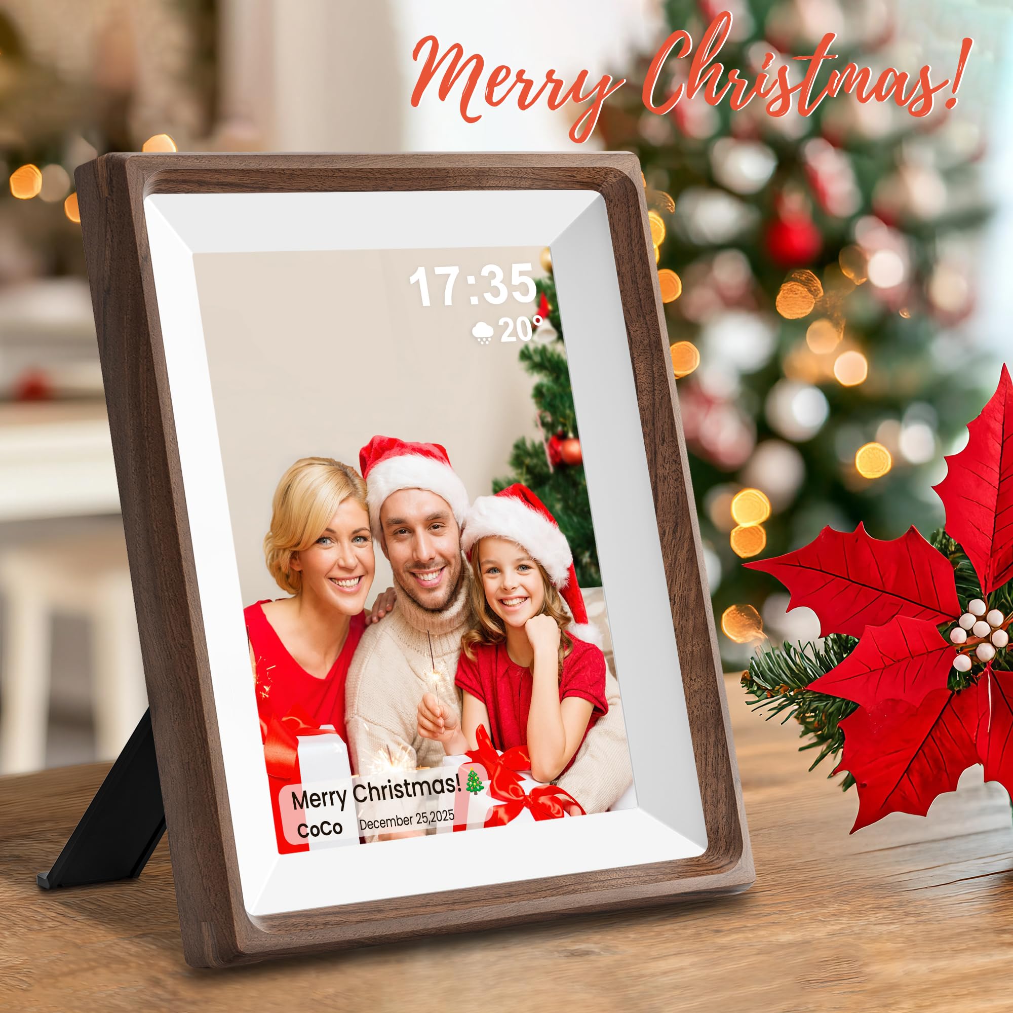 Frameo 10.1" Smart Digital Picture Frame with Walnut Moulding, 16:9 1280p HD IPS Touchscreen Display, 32GB Storage, MicroSD Slot, Plug-in Power, Easy Wireless Photo & Video Sharing, Idea 3