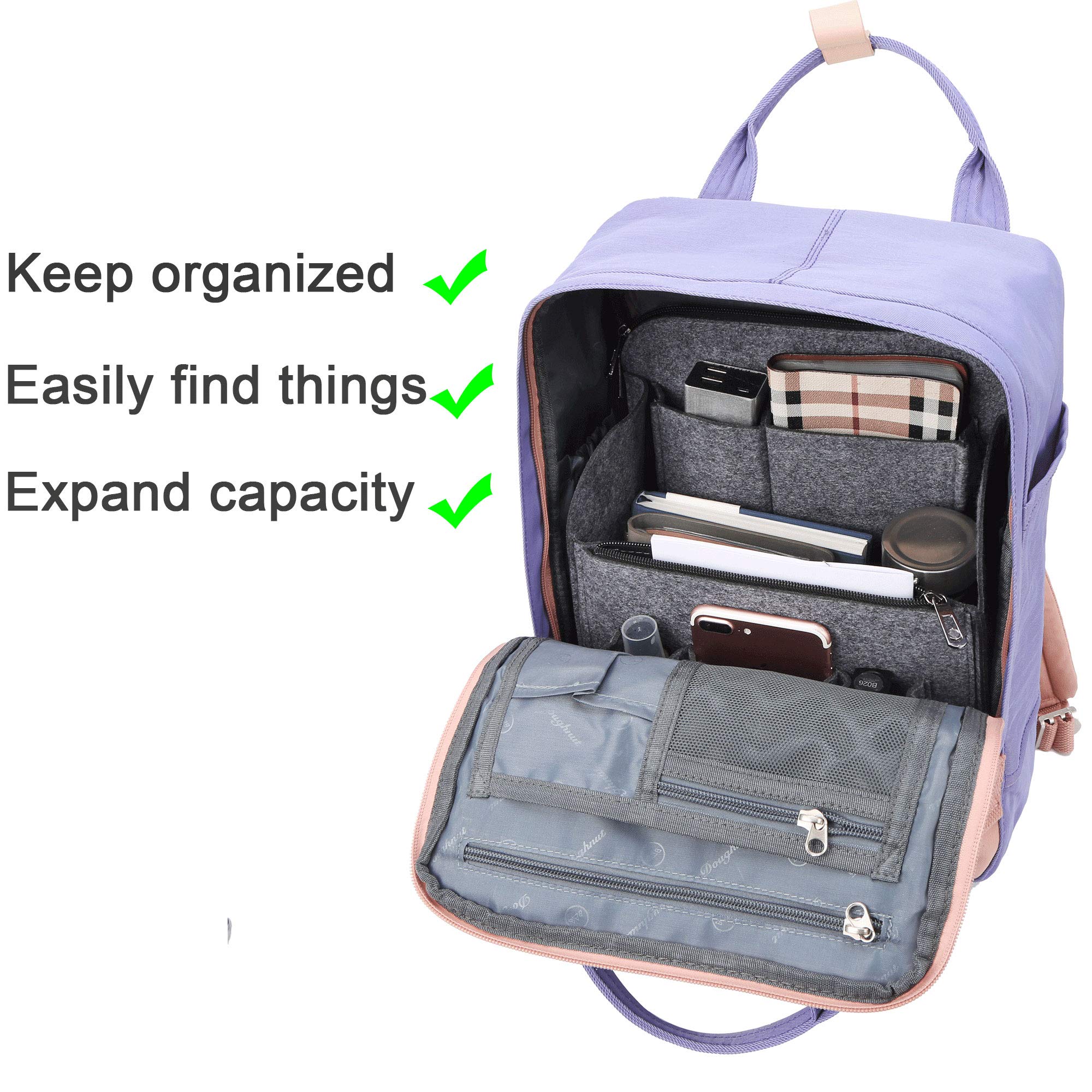 Yoillione Felt Backpack Organizer Insert for Women and Men, Large Travel Rucksack Insert with High Capacity, Lightweight Bag Organizer with Zipper Pockets 6