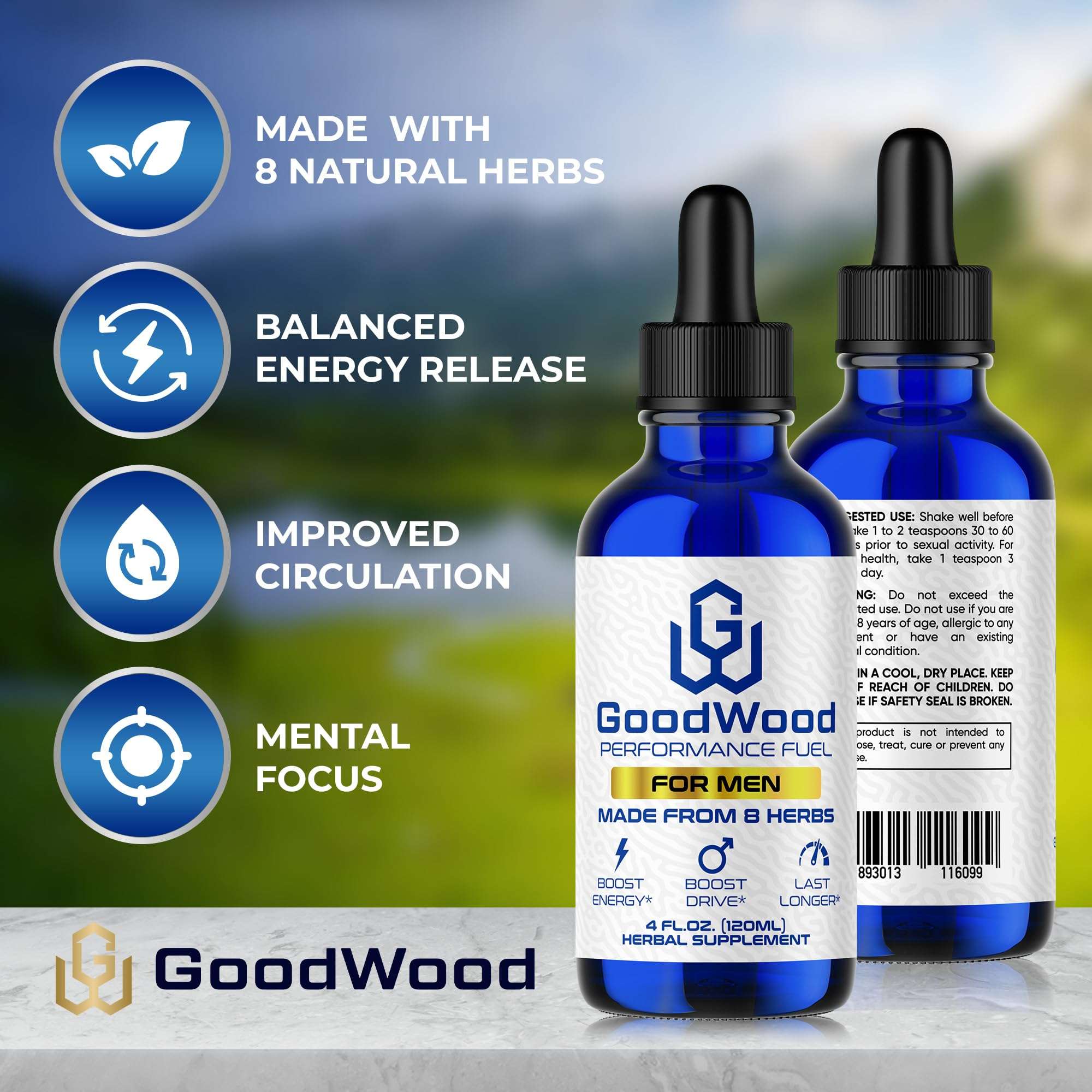 GoodWood - Male Liquid Drops - Increases Stamina and Size - Improves Energy, Drive, and Power - for Men Ages 30, 40, 50, 60+ - Made with 8 Herbs and Organic - One Pack 4