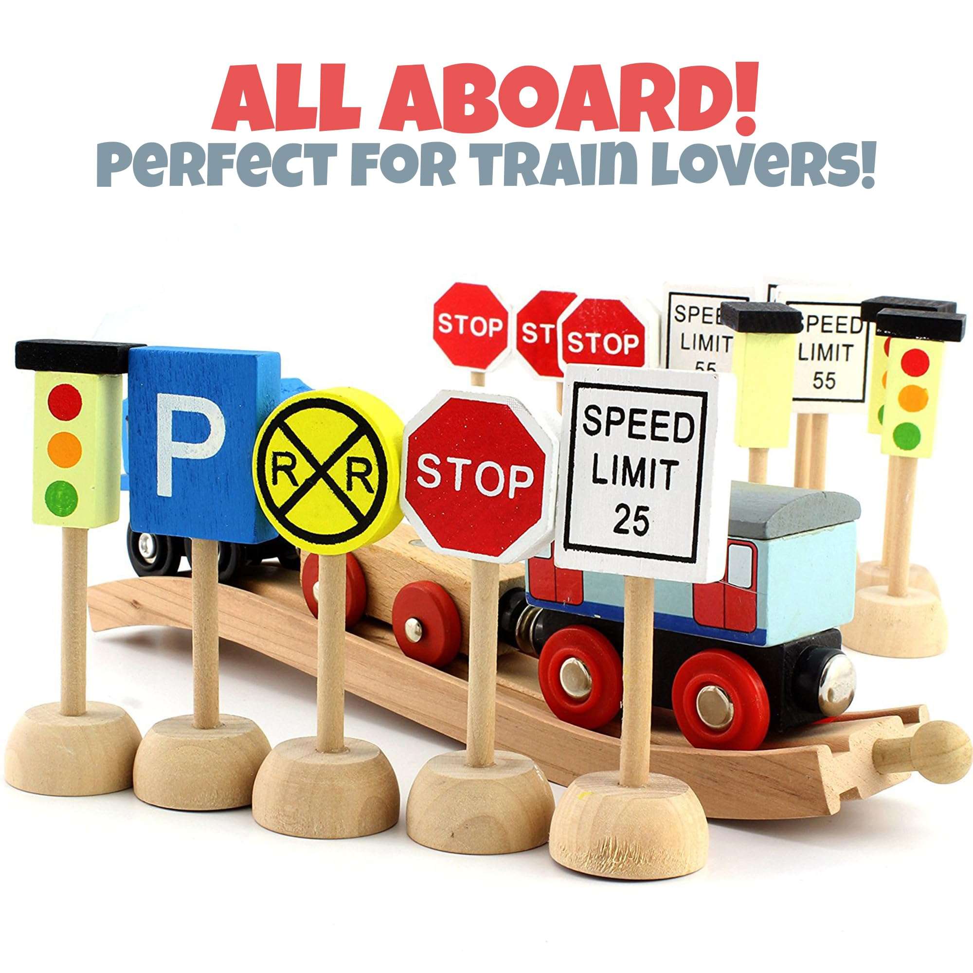 Attatoy Kids Wooden Street Signs Playset (14-Piece Set), Wood Traffic Signs Perfect for Car & Train Set 5