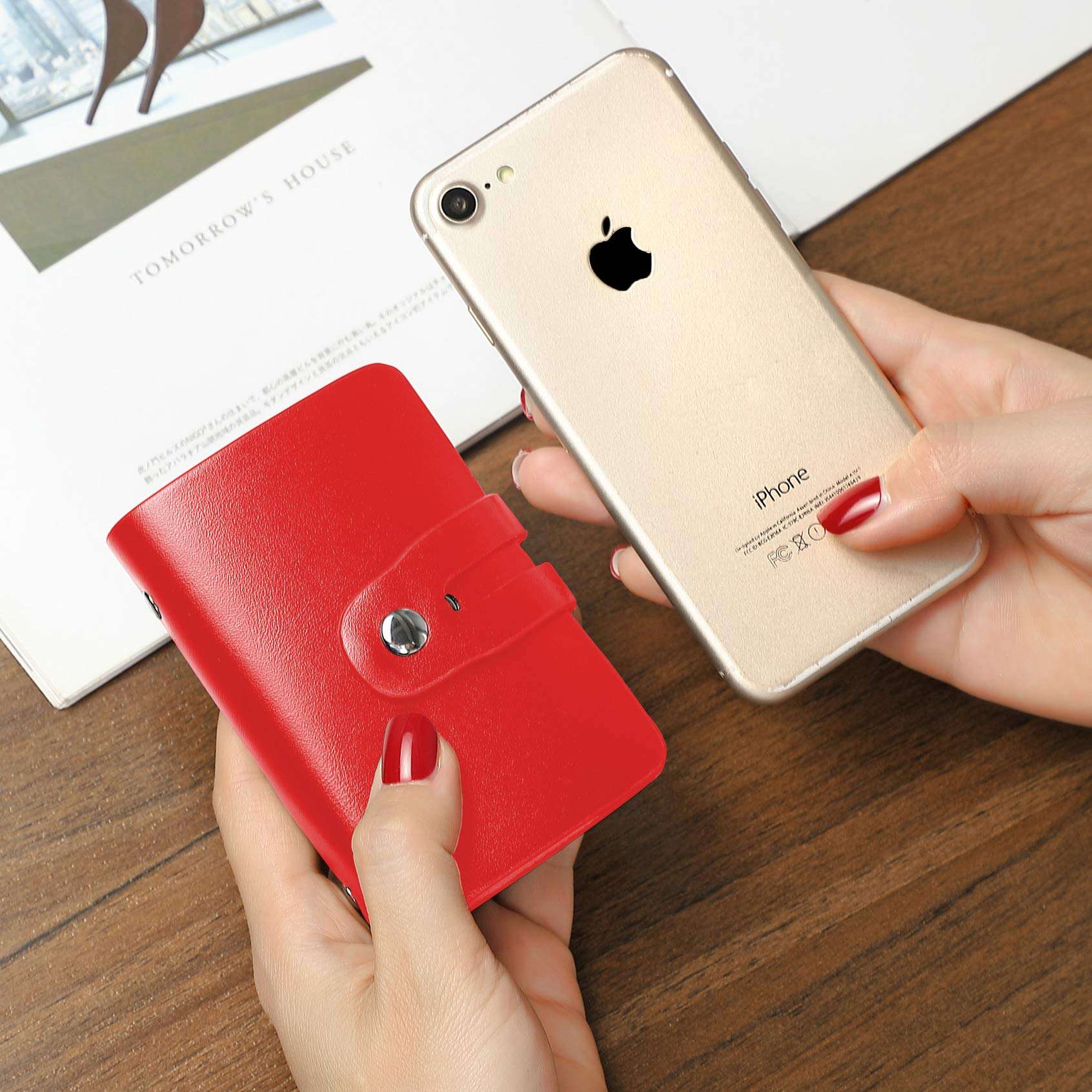 Leather Business Card Organizer, RFID Credit Card Holder with 26 Card Slots, Portable Business Card Holder and Credit Card Organizer for Carrying Business Cards or Credit Cards with You (Red) 5