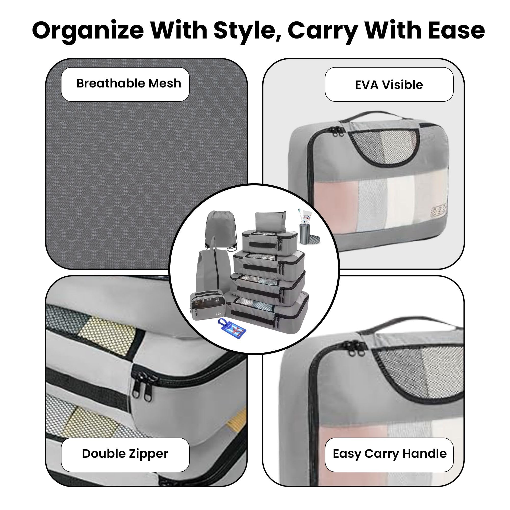 Oceanevo Set of 10 Packing Cubes with Luggage Tag and Toothbrush Holder, Travel Organiser Bags for Luggage, Suitcase Organizer for Travelling for Clothes, Shoe and Lingerie - Model 2.0 - Grey 4