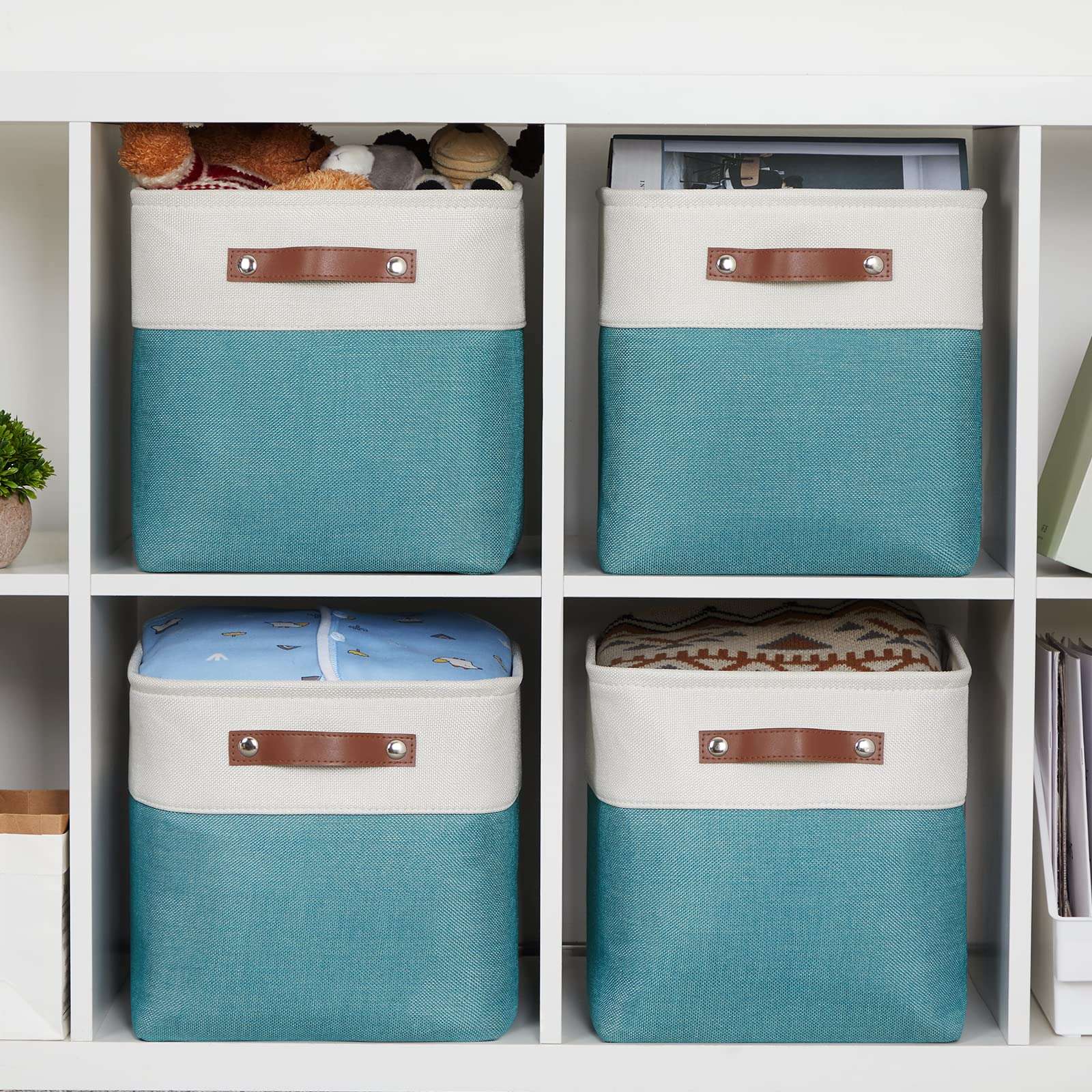 Fabric Storage Cube Bins Baskets for Organizing, 11 inch Cube Storage Baskets, Set of 4, Collapsible Storage Baskets with Handles, Closet Organizers and Storage Home Toy Nursery Bedroom(White Teal) 6