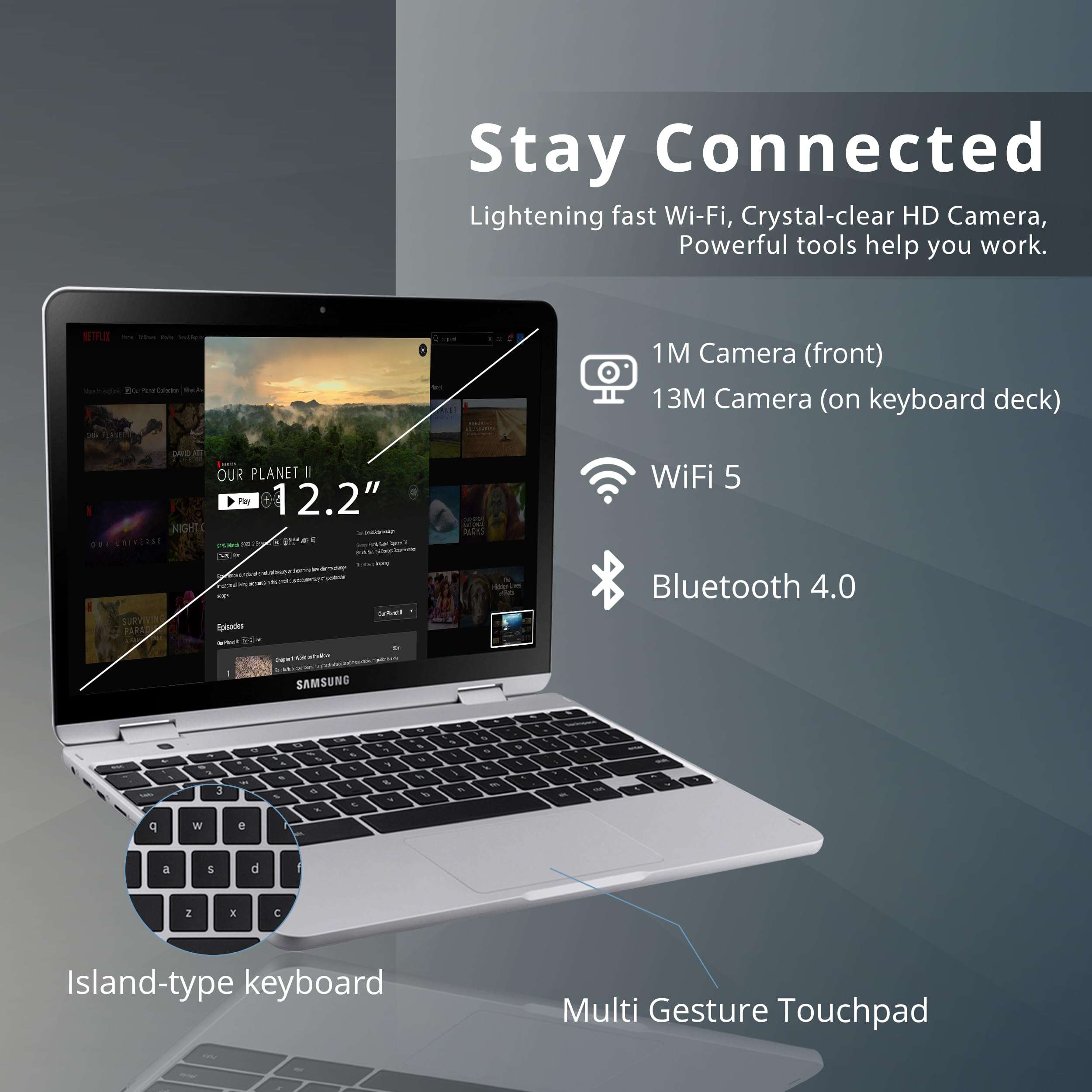 SAMSUNG Plus V2 2-in-1 12.2" Touchscreen Chromebook Laptop, Intel Celeron 3965Y, 4GB RAM, 64GB eMMC, 1M Front Camera, Wi-Fi, Bluetooth, MicroSD Reader, Stylus Pen, Chrome OS, Silver, 128GB USB Card 3