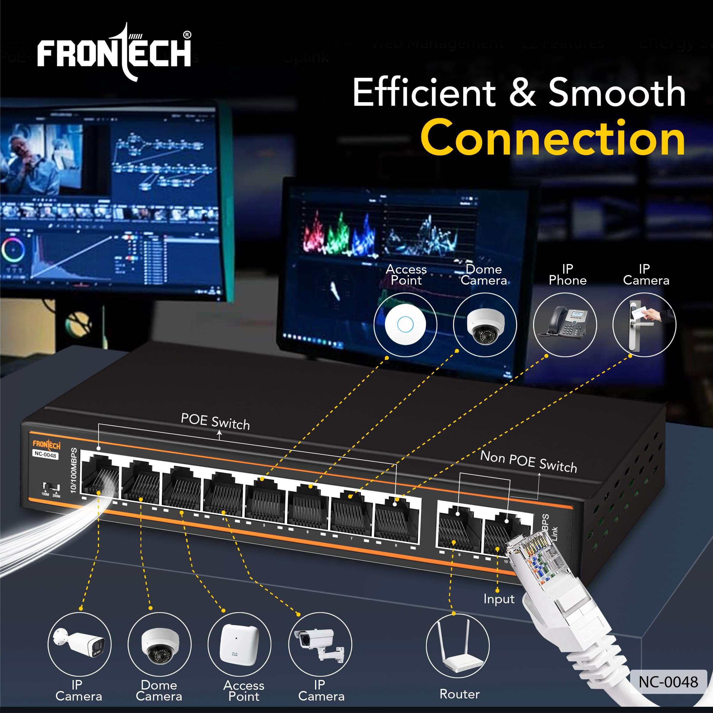 Frontech 8 Port PoE+ Switch with 2 Uplink Ports, 120W PoE Budget, Fast Transmission, Plug & Play, Wall Mount, 2-Year Warranty (NC-0048) 3