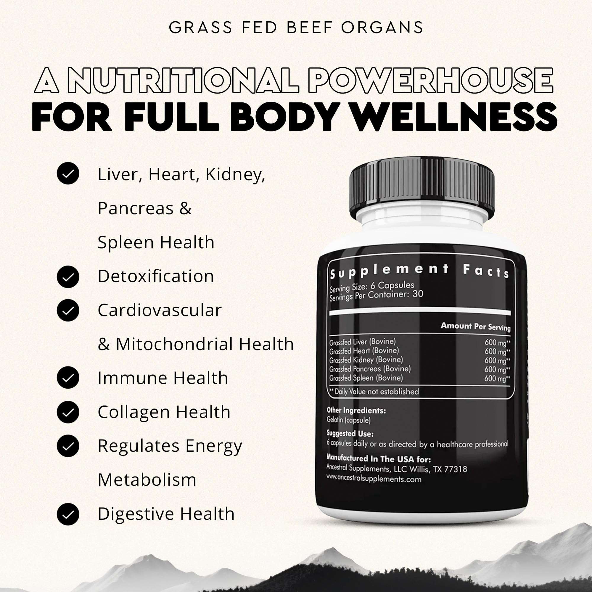 Ancestral Supplements Grass Fed Beef Organ Supplement, Supports Whole Body Wellness with Proprietary Blend of Liver, Heart, Kidney, Pancreas, Spleen, Freeze-Dried Beef, Non-GMO, 180 Capsules 4
