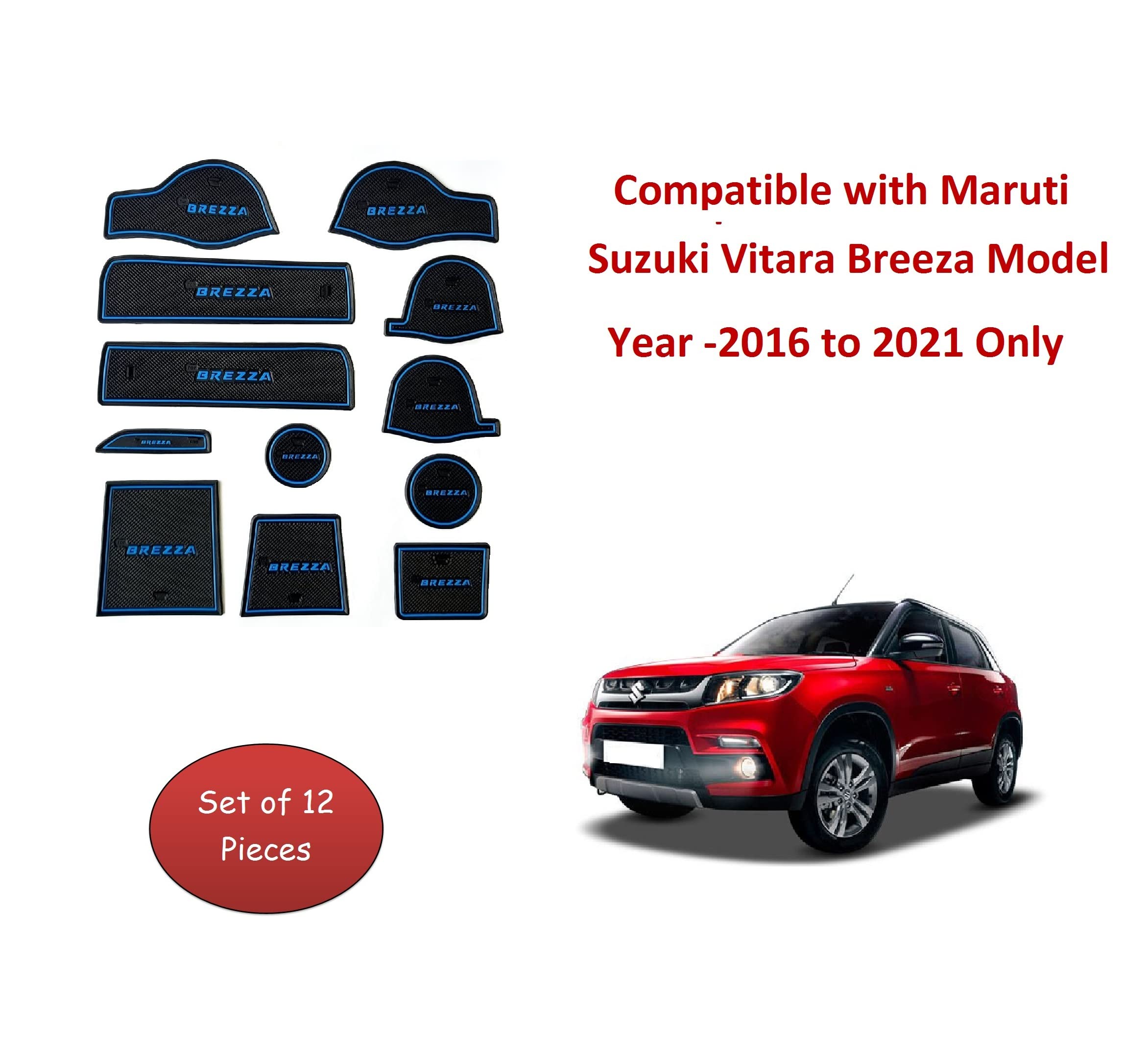 Car Drome - The Mat Store Rubber Car Drome - Door Pocket Cup Holder Mats For Maruti Suzuki Vitara Breeza (2016-2021) | Set Of 12 Mats (Blue Trim) 2