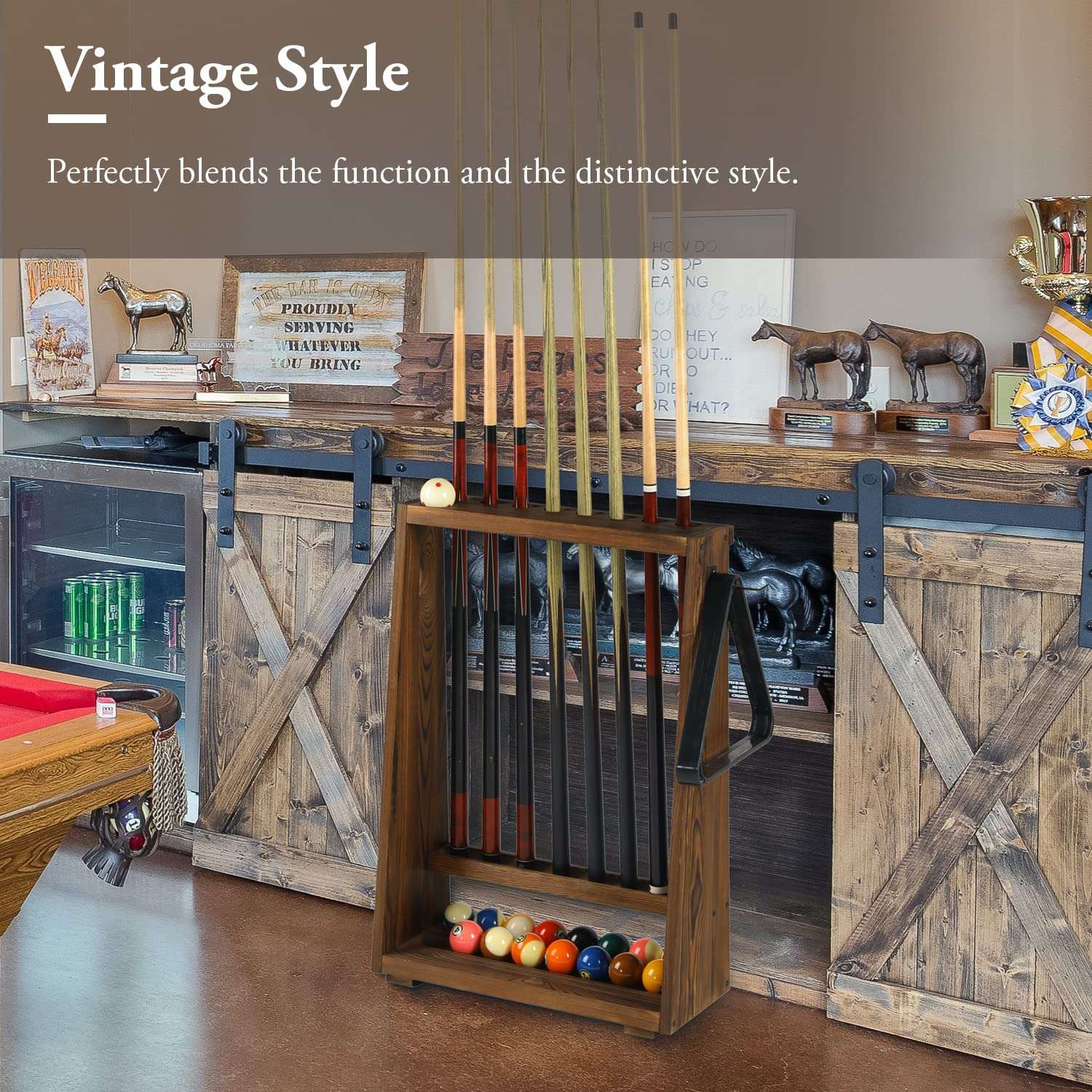 MyGift Rustic Burnt Brown Solid Wood Freestanding Billiards Acessories Storage Rack - Floor Standing Pool Cue Holder, Ball Shelf, and Triangle Hook 3