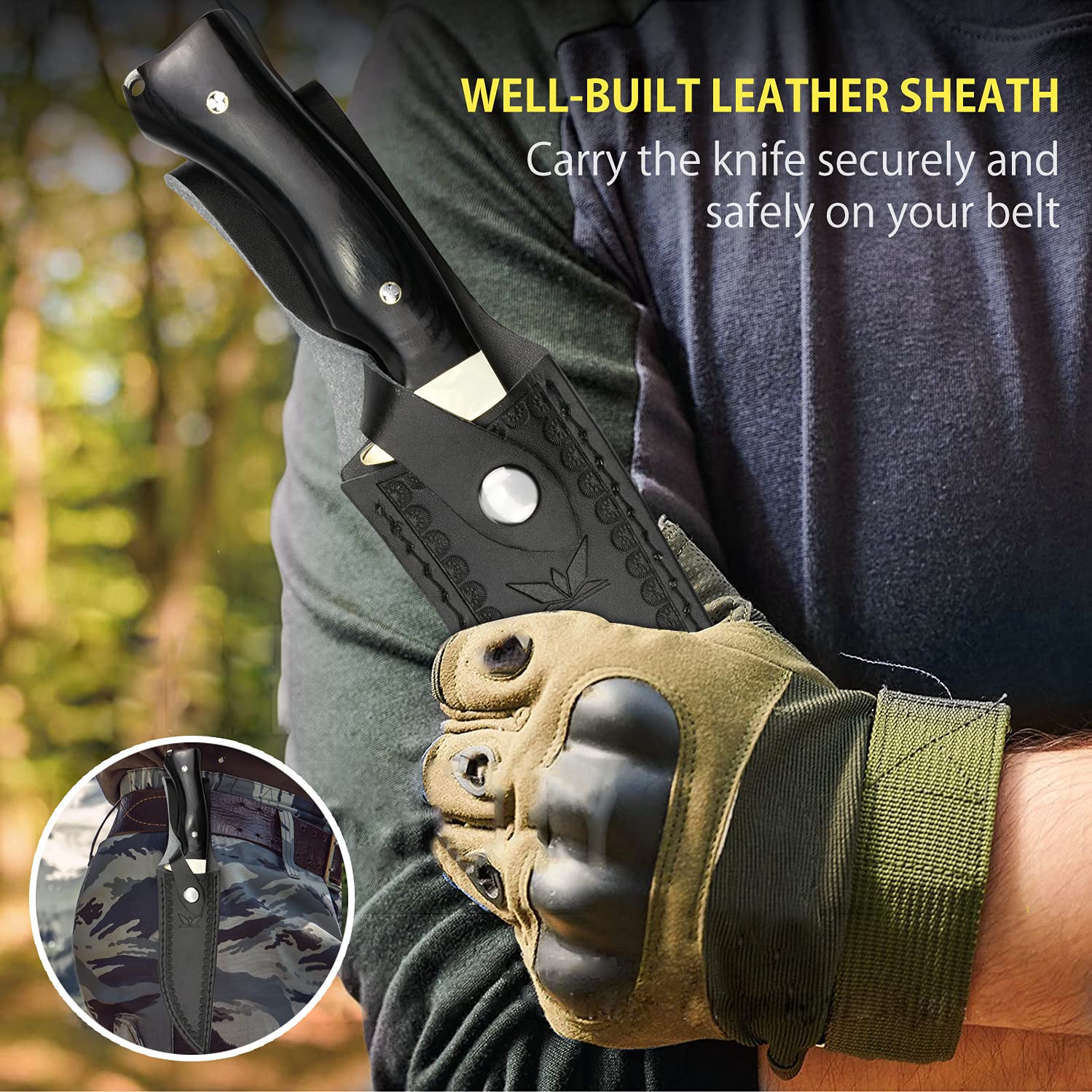 NedFoss Hunting Knife with Sheath, 10.7'' Full-Tang Survival Knife for Belt, Fixed Blade Bushcraft Knife with Wood Handle for Hunting, Camping and Survival, Cool Knives Gifts for Men (Impala) 6