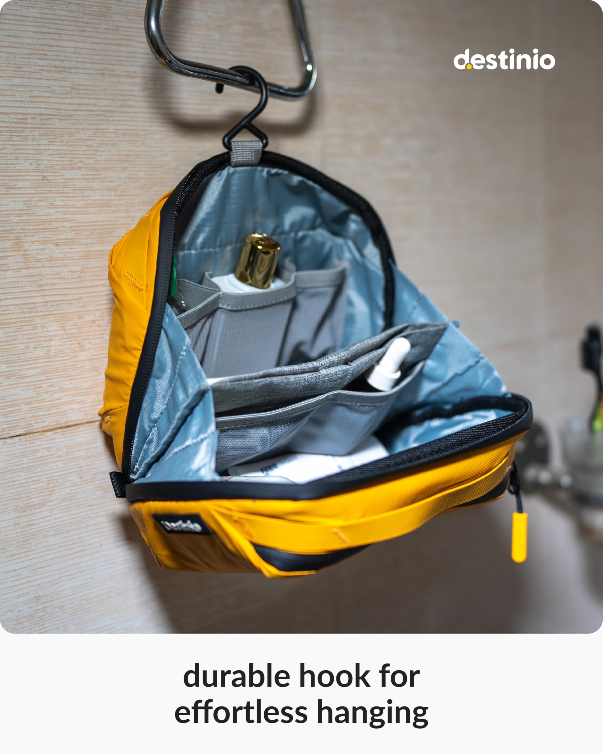 Destinio Toiletry Bag for Men and Women - Waterproof Organizer with Hanging Hook - Travel Pouch and Shaving Kit Bag for Men, Cosmetic and Make up Pouches for Women (Yellow) 3
