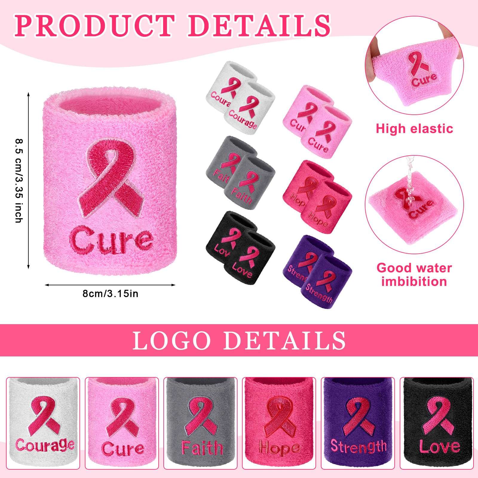 Shappy 60 Pcs Breast Cancer Awareness Wristbands Pink Ribbon Sweatbands Sports Wristbands for Tennis Football Basketball Running Athletic for Breast Cancer Awareness Month, 6 Colors 3