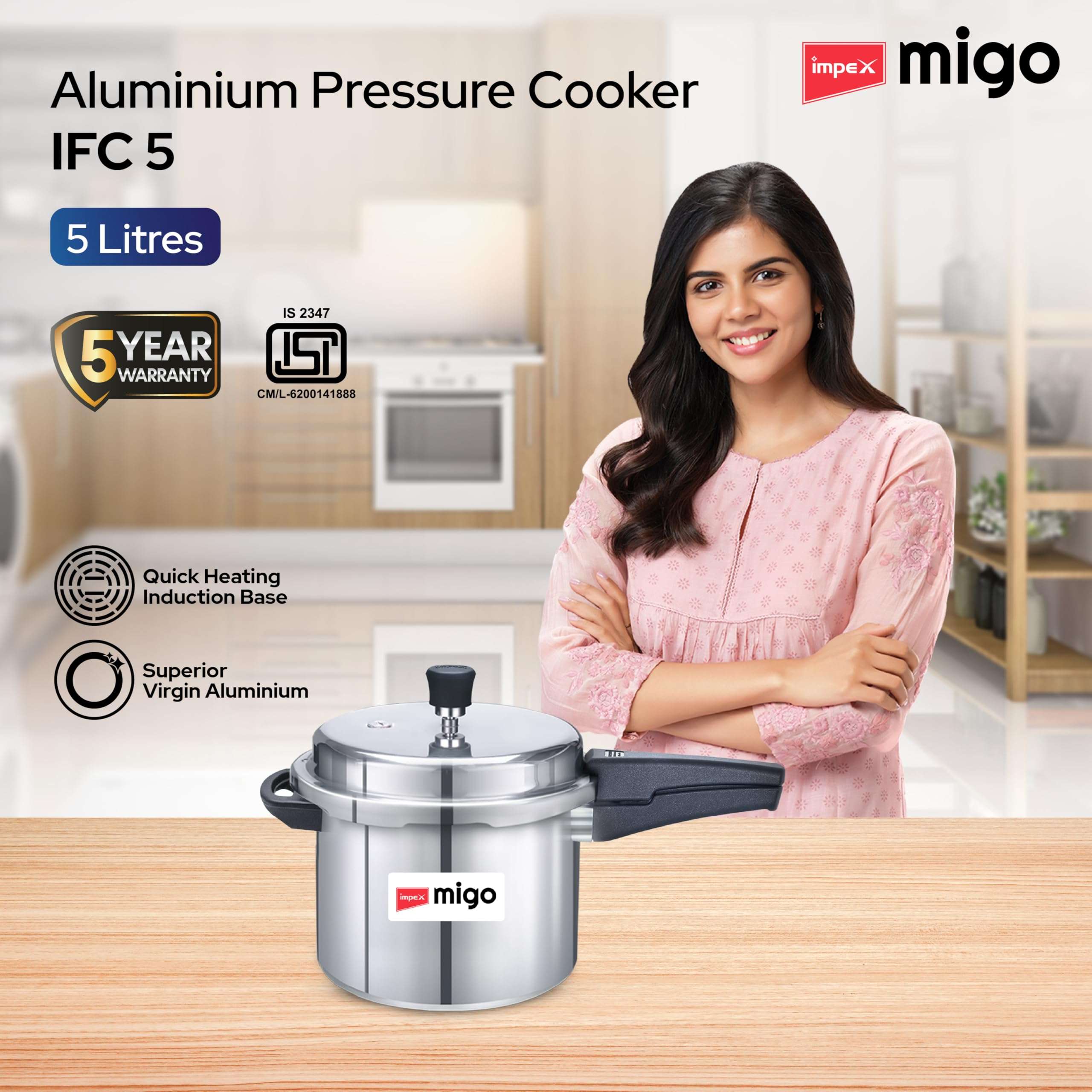 Impex 5 Litre Aluminium Pressure Cooker With Outer Lid | Induction And Gas Stove Compatible Pressure Cooker For Healthy Cooking | ISI Certified | 5 Years Warranty, Silver 3