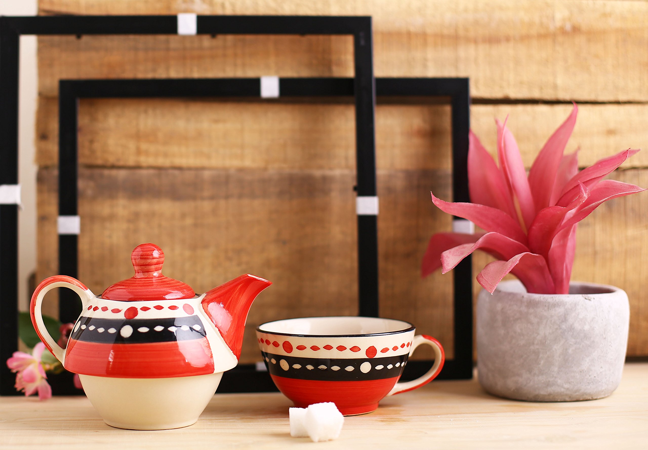 Caffeine Ceramic Handmade red & Black Dotted 2 in1 Tea pot (Set of 2, Single Kettle with Cup)