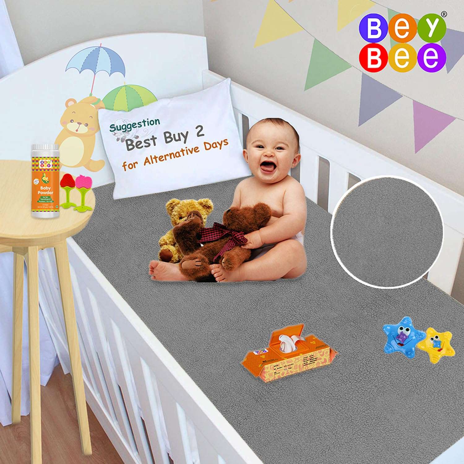 BeyBee Instadry Anti-Piling Fleece Extra Absorbent Quick Dry Sheet for New Born Babies, Cotton Bed Protector Mattress, Reusable Waterproof baby Cot sheet for Toddler Infant, Small size Pack of 2 (70x50cm, Grey) 4