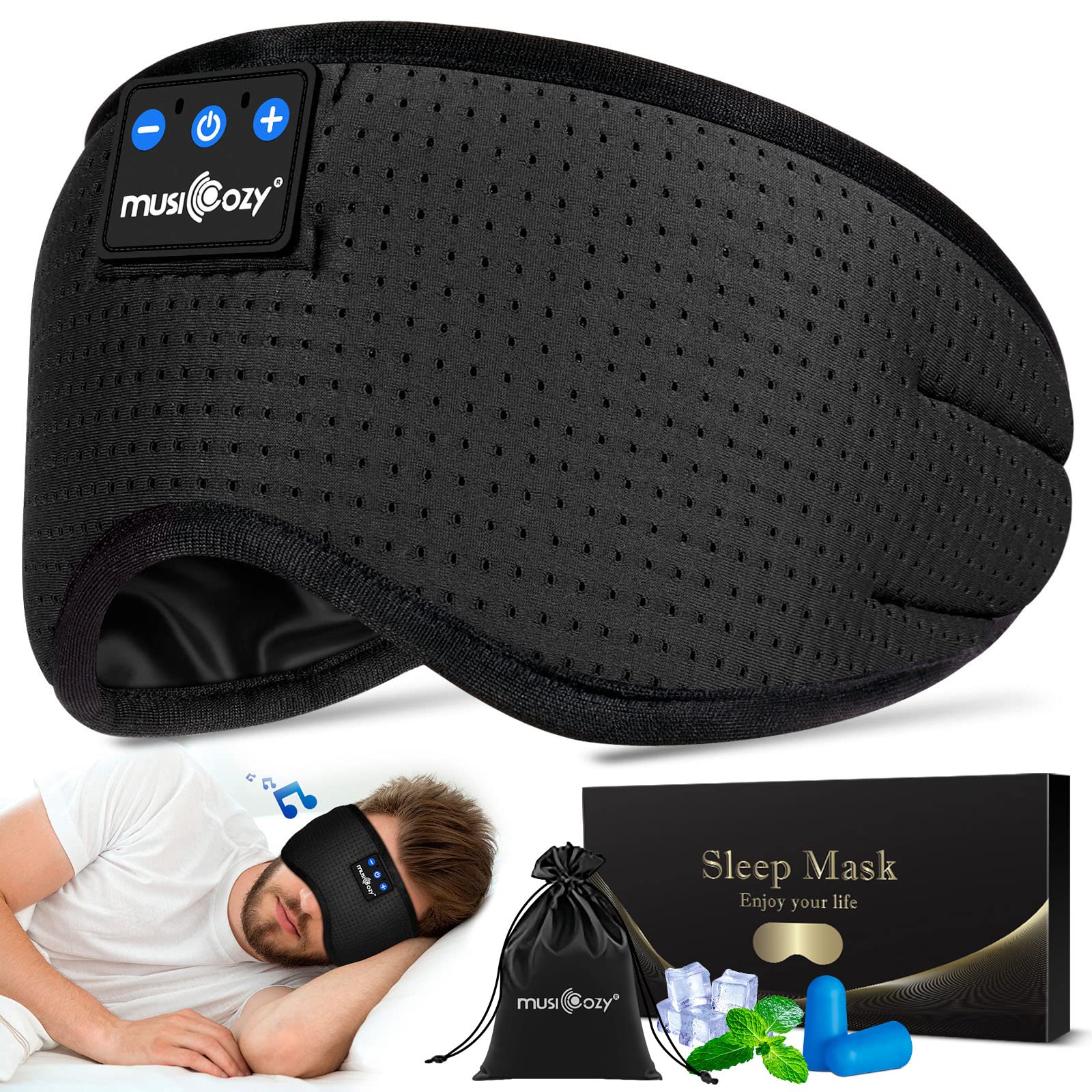 MUSICOZY Sleep Headphones Breathable Bluetooth 5.2 Headband 3D Sleeping Headphones, Wireless Eye Mask Sleep Earbuds for Side Sleeper Office Air Travel Cool Tech Gadgets Unique Gifts (Matte Black) 1