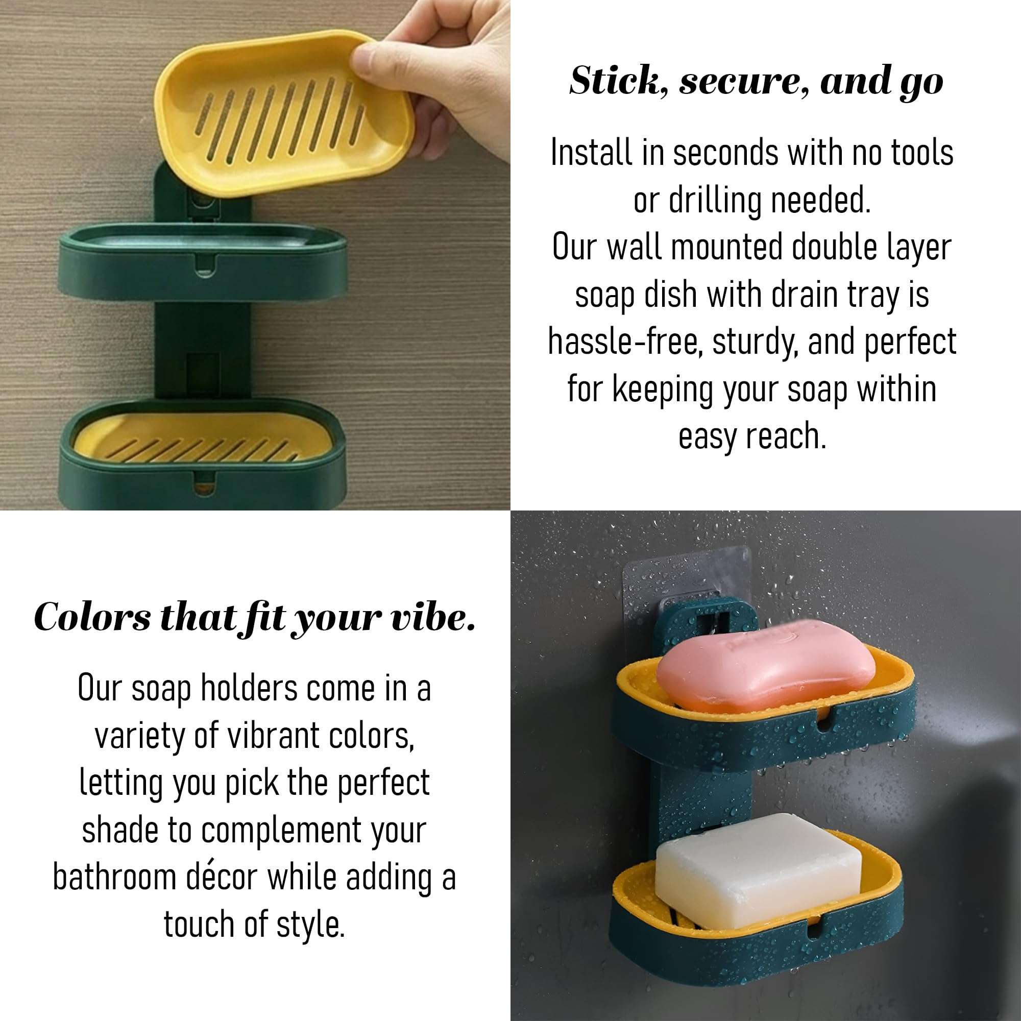 IBELL Wall Mounted Double Layer Soap Dish Holder with Drain Tray, Self Adhesive No-Drill Soap Stand for Bathroom & Kitchen | Plastic Soap Holder (10 x 15) cm 6