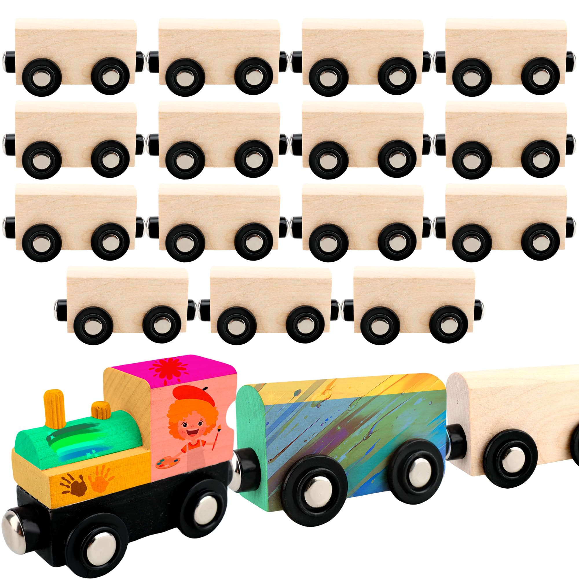 Hoarost 18 Pack Unfinished Wooden Cars Unpainted Magnetic Wood DIY Crafts Trains Car for DIY Craft Activities Birthday Gift (Color Set 1) 1