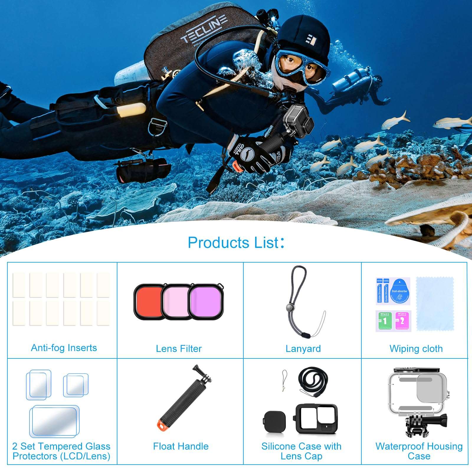 OctinPris Accessories Kit for Gopro Hero 13 Waterproof Housing Case Underwater Float Handle Stick Silicone Sleeve Lens Cap Tempered Glass Screen Protectors Dive Filters Anti-Fog Inserts Bundle Set 3
