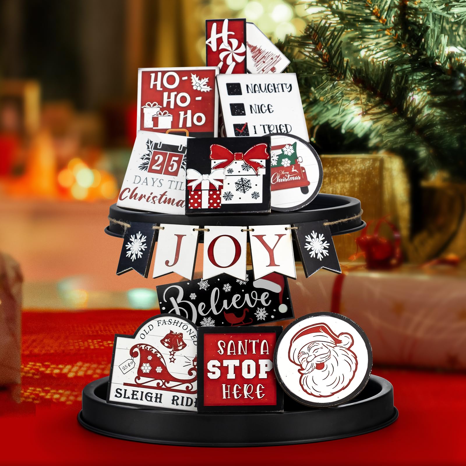 FRTIM 15 Pcs Christmas Tiered Tray Decorations Set Christmas Wooden Signs Tiered Tray Decor Table Signs for Christmas Winter Table Centerpieces Home Decorations 6