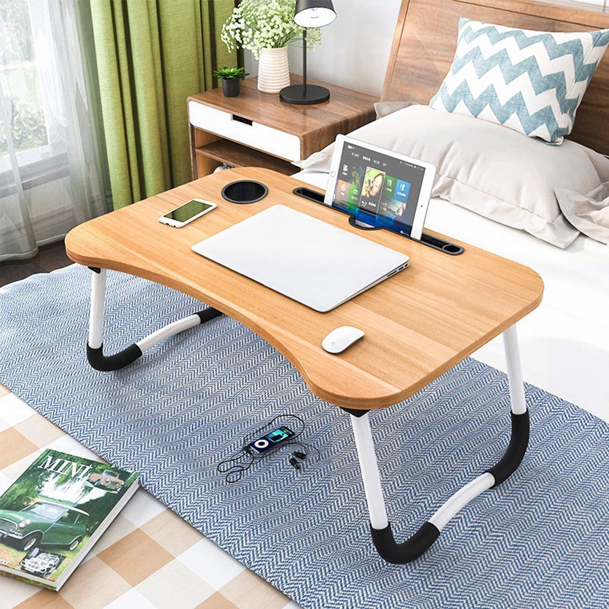 BHAWANI STORE?? Foldable Bed Study Table Portable Multifunction Laptop Table Lapdesk for Children Bed Foldabe Table Work & Cup Holder Bed Study Table with Side Handle - Sandy Brown 1