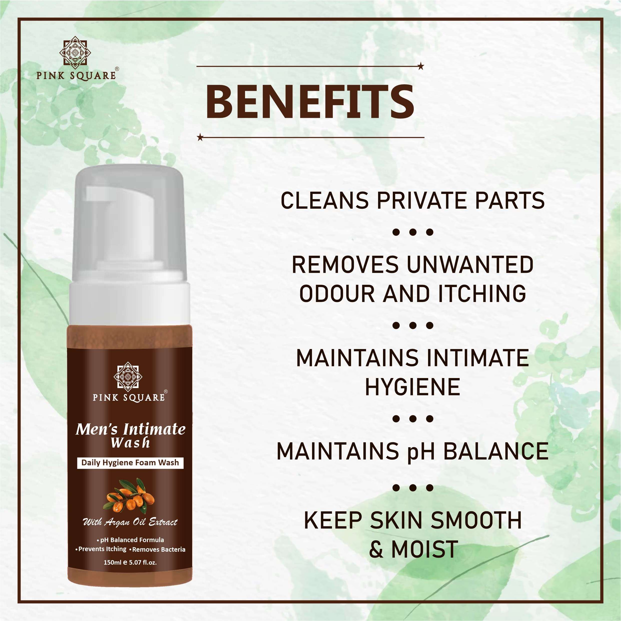 Pink Square Natural Men's Intimate Wash with Argan Extract Maintain PH Balance Intimate Daily Care| Better Private Parts Hygiene Body Wash Anti-Bacterial Pack of 3 of 150 ML (450 ML) 6
