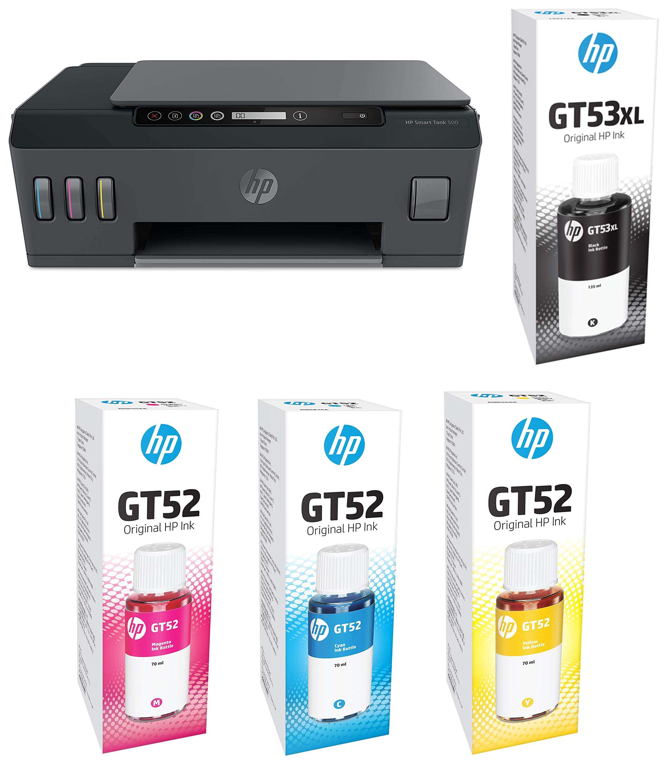 HP Smart Tank 500 All-in-One Ink Tank Color Printer & GT 52 Yellow, Magenta, Cyan Ink Bottles(1 Printer+1Black Ink Bottles+3 Color Ink Bottles) Combo 1