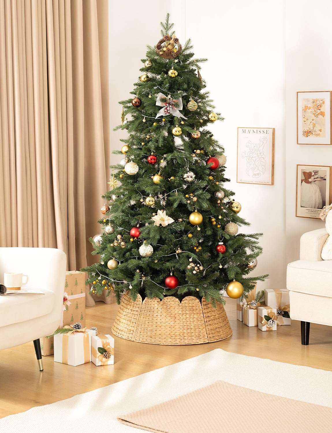 StorageWorks 28" Scalloped Christmas Tree Collar, Scalloped Wicker Basket, Nursery Basket with Handles 6