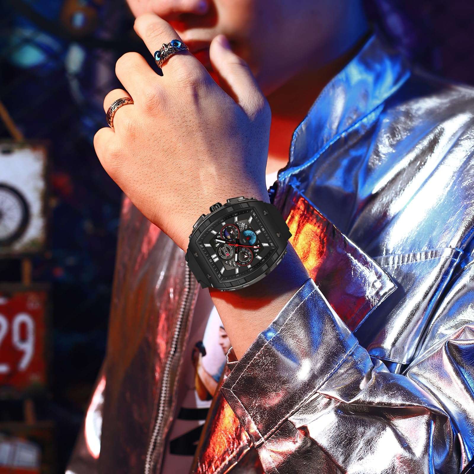 findtime Men's Watch Fashion Analog Watches Tonneau Unique Sport Wrist Watch Quartz Chronograph Waterproof Watches with Luminous Calendar Curved Screen Relojes para Hombres 3