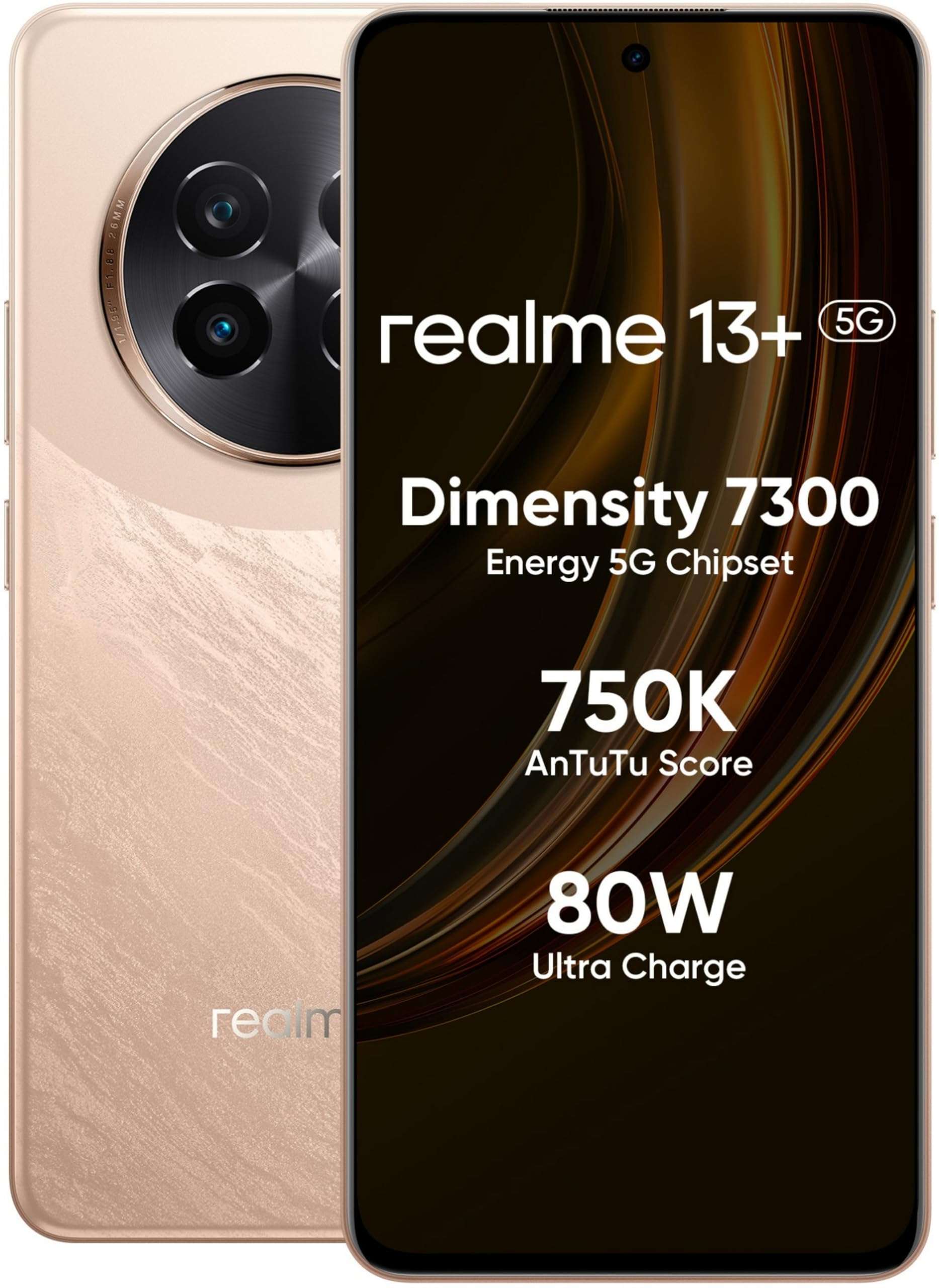 realme 13+ 5G (Victory Gold, 12GB RAM, 256GB Storage) | Expandable Upto 2TB | Up to 26GB Dynamic RAM | 50MP AI Dual Camera | 6.67" AMOLED Display | 80W Ultra Charging DAK | Dimensity 7300E Processor 1