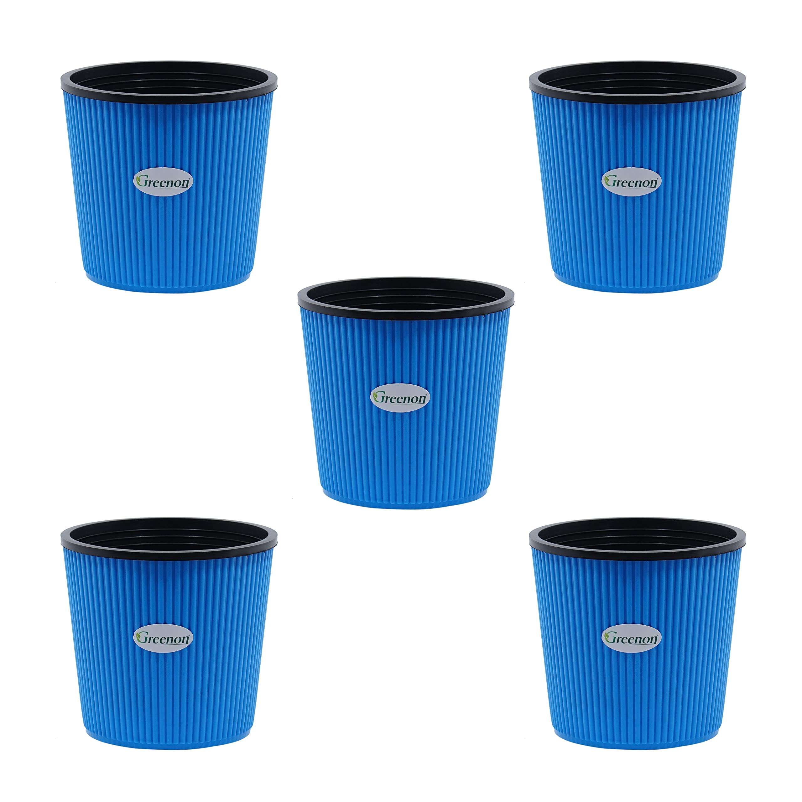GREENON 5 Inch Small Plant Pot | Pack of 5 | Self Water | Blue Outer and Black Inner | Best for Countertop and Tabletop, Balcony | Non-Fadable Planter | Virgin Plastic Gamla | Blue 5 1