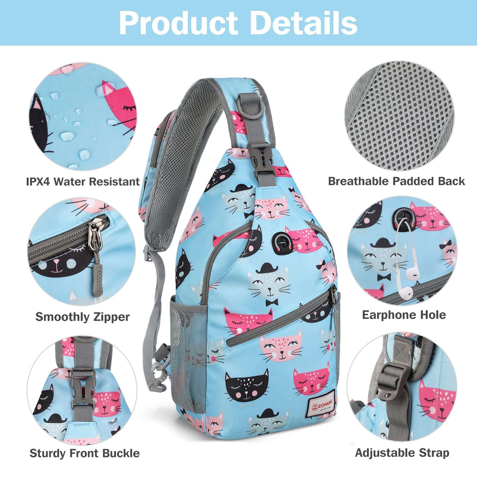 ZOMAKE Sling Bag for Women Men, Small Crossbody Sling Backpack, Mini Water Resistant Shoulder Daypack for Travel, Anti Thief Chest Bag for Hiking, Sports(Cat's Head Light Blue) 5