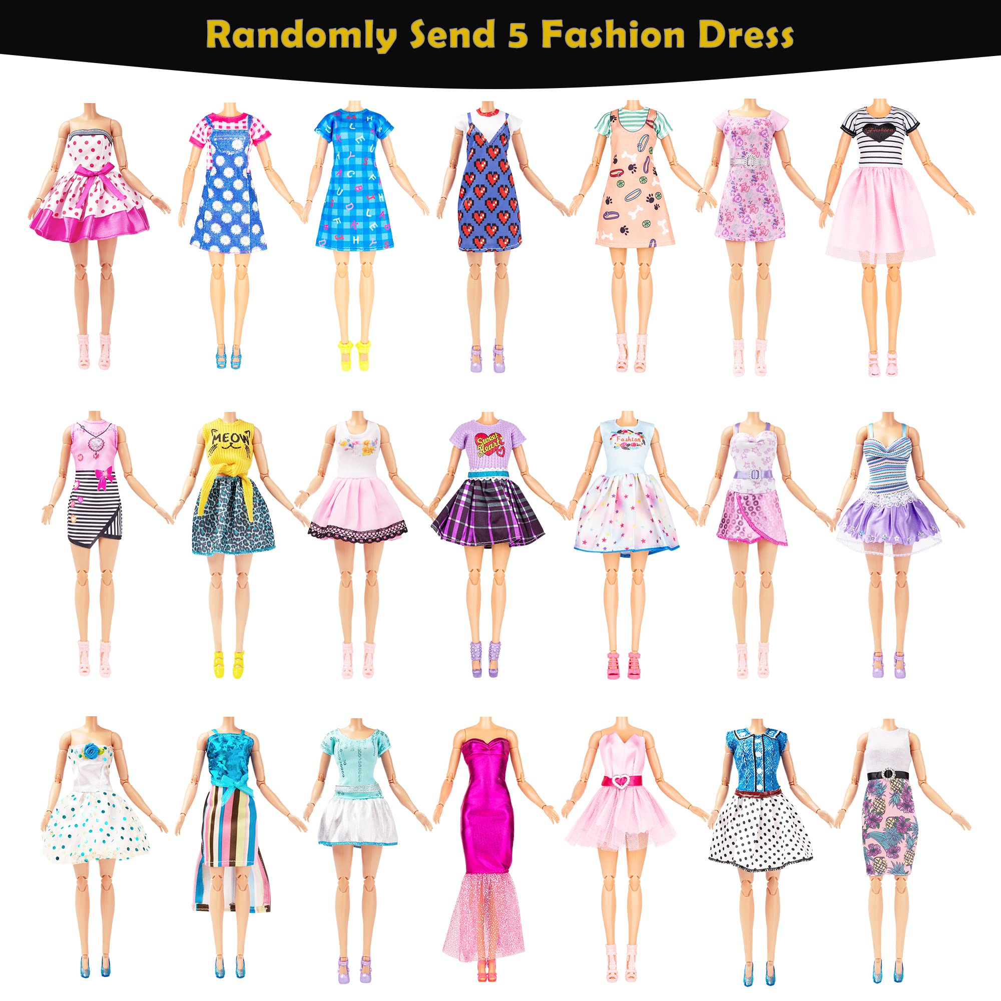 45 Pack Doll Dress and Accessories Include 5 Unique H-Douture Dress,5 Fashion Dress 5 Sets Swimsuit Bikini 5 Fashion Bags 9 Crown Necklace Bracelet Camera 6 Hanger and 10 Shoes 5