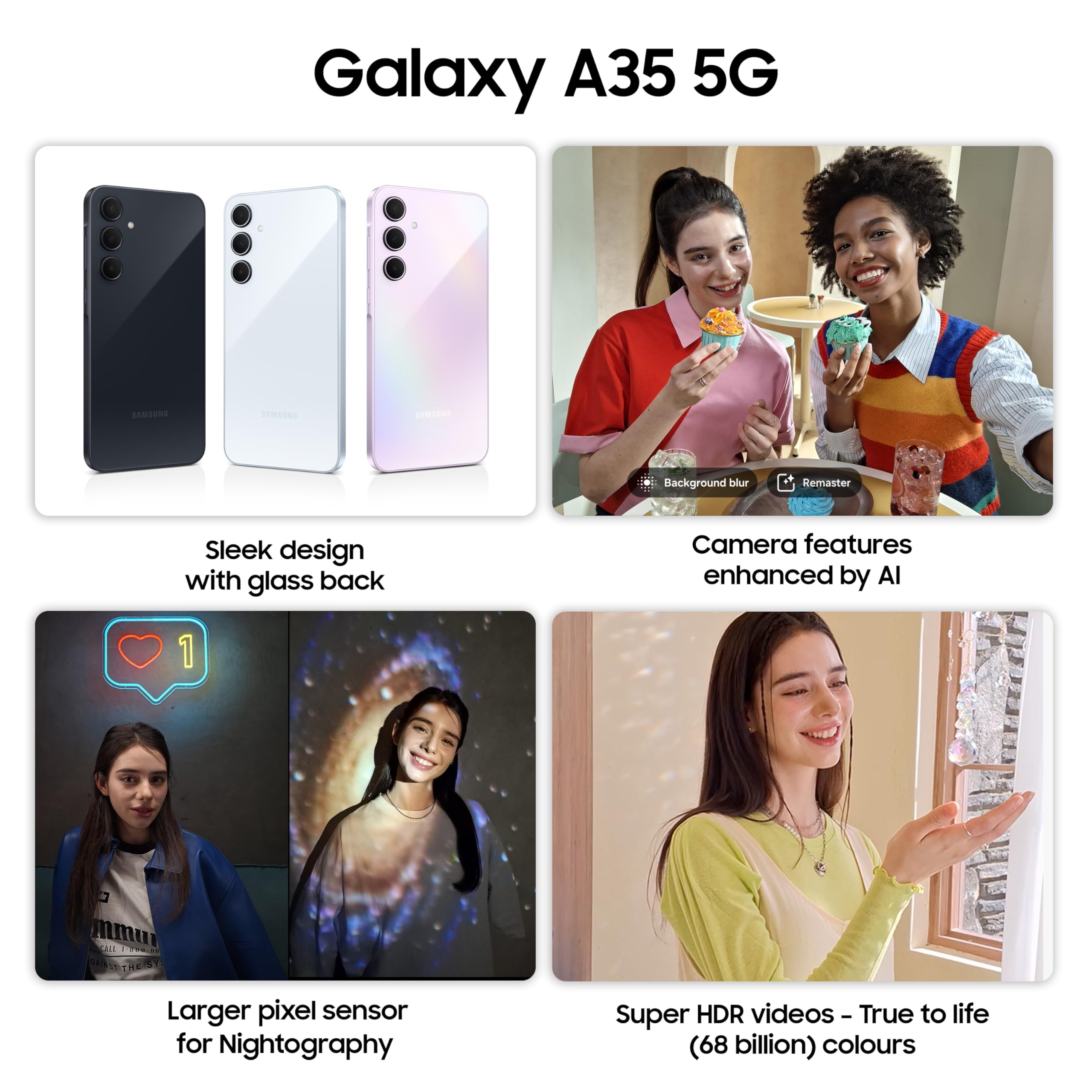 Samsung Galaxy A35 5G (Awesome Navy, 8GB RAM, 128GB Storage) | Premium Glass Back | 50 MP Main Camera (OIS) | Nightography | IP67 | Corning Gorilla Glass Victus+ | sAMOLED with Vision Booster 2