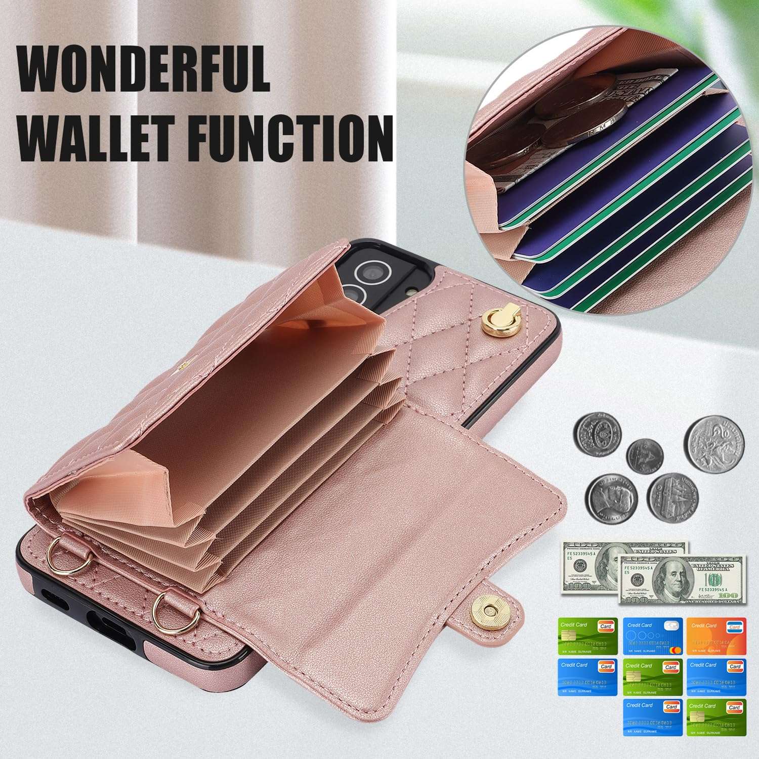 Asuwish Phone Case for Samsung Galaxy S21 Plus S21+ 5G Wallet Cover with Stand RFID Credit Card Holder Strap Lanyard Leather Cell Accessories S21+5G S21plus 21S + S 21 21+ G5 Women Girls Rose Gold 5