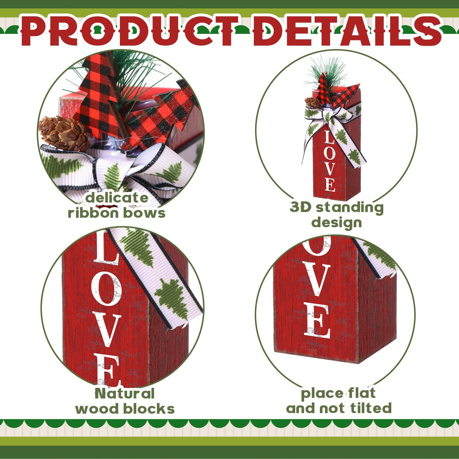 Shellwei 3 Pcs Christmas Table Centerpieces Christmas Rustic Wood Presents Xmas Wooden Faux Blocks Christmas Tiered Tray Decor with Buffalo Plaid Bowknot Pine Cone Berries for Holiday Party Decoration 5