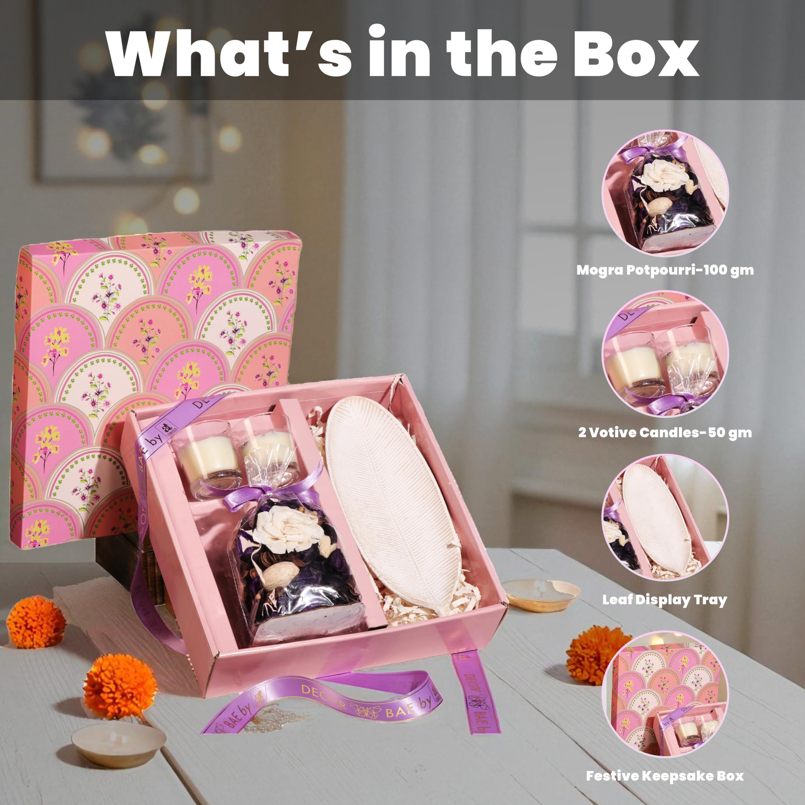 Art Street Diwali Gift Hamper Box with Mogra Scent Potpourri, Glass Candle and Tray for Diwali Celebration and Gift for Family, Friends and Relatives (Pack of 4) 4