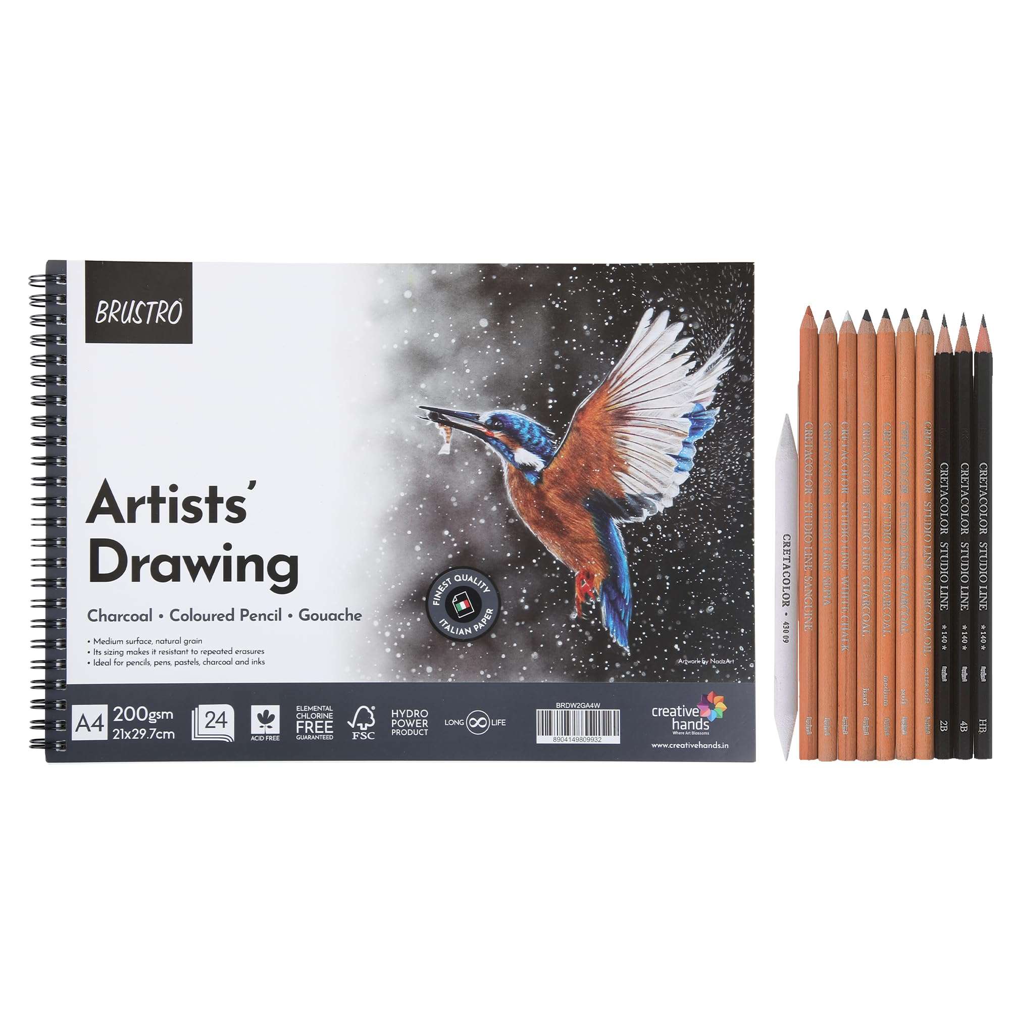 Brustro Drawing Wiro Paper Pad (A4,200 GSM,24 Sheets) with Cretacolor Artists Studio Line Drawing 101 Introduction (Set of 11,White)|Ideal for Painting,Sketching,Shading,Professionals 3