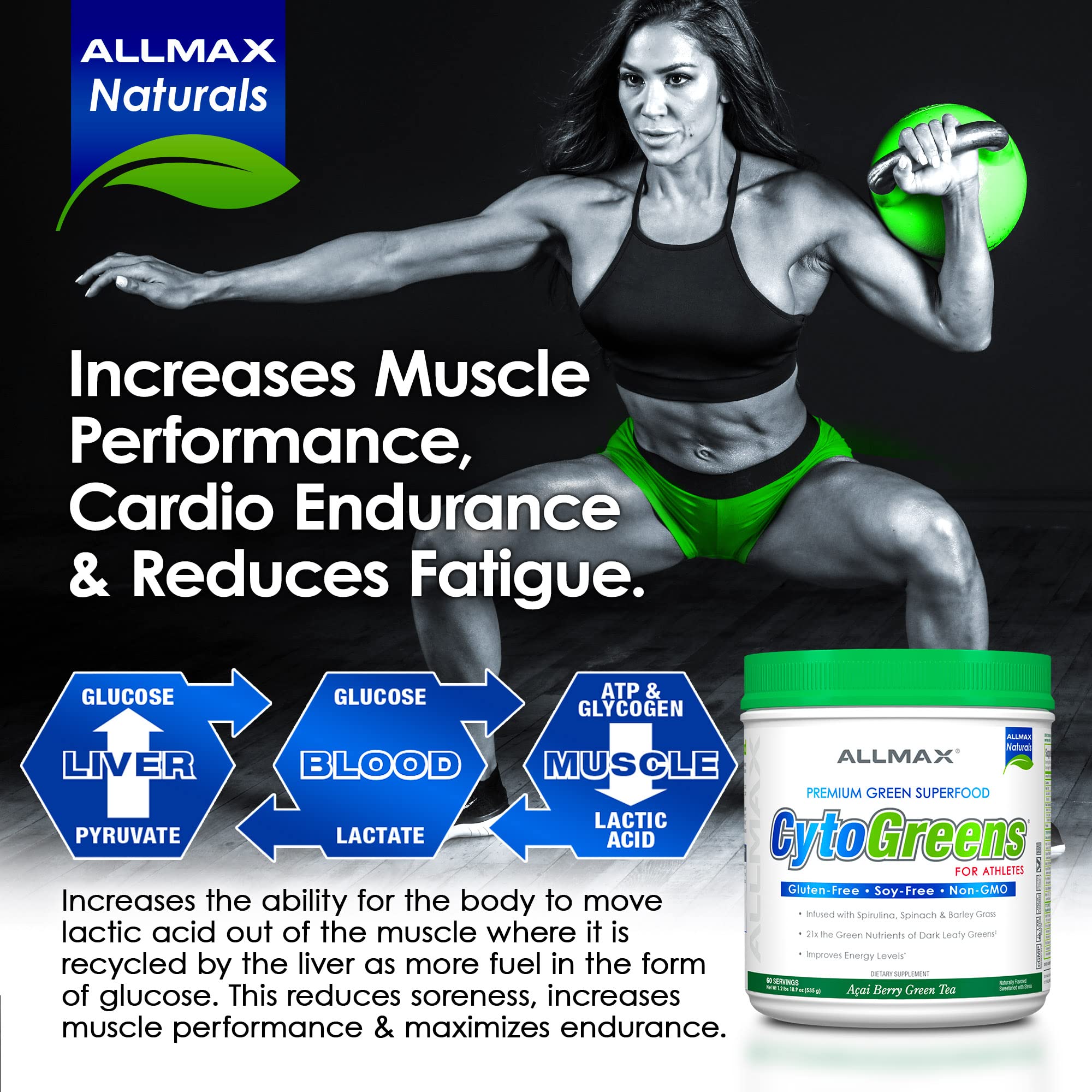 ALLMAX CYTOGREENS, Acai Berry Green Tea - 0.6 lbs - Supports Performance, Recovery & Energy - with Spirulina, Chlorella, Spinach, Barley Grass & Green Tea - 30 Servings 4